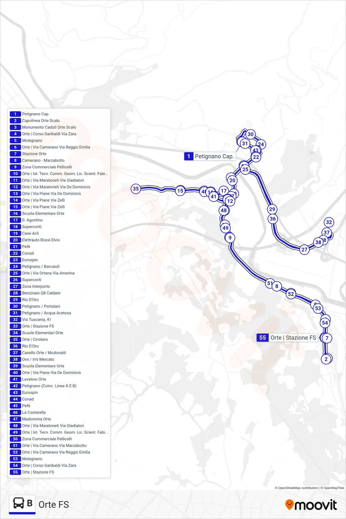 Linea B bus (Orte FS) - Percorsi e fermate sulla mappa