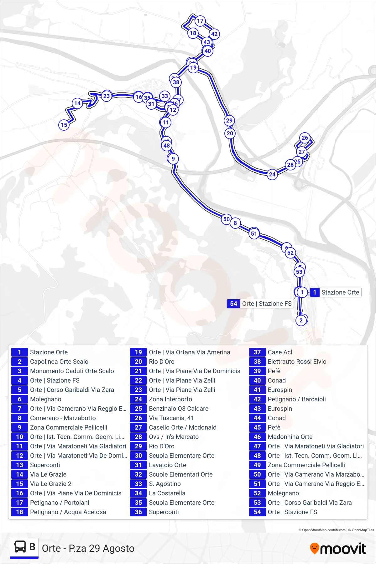 B bus Line (Orte - Piazza 29 August) route and stops on a map