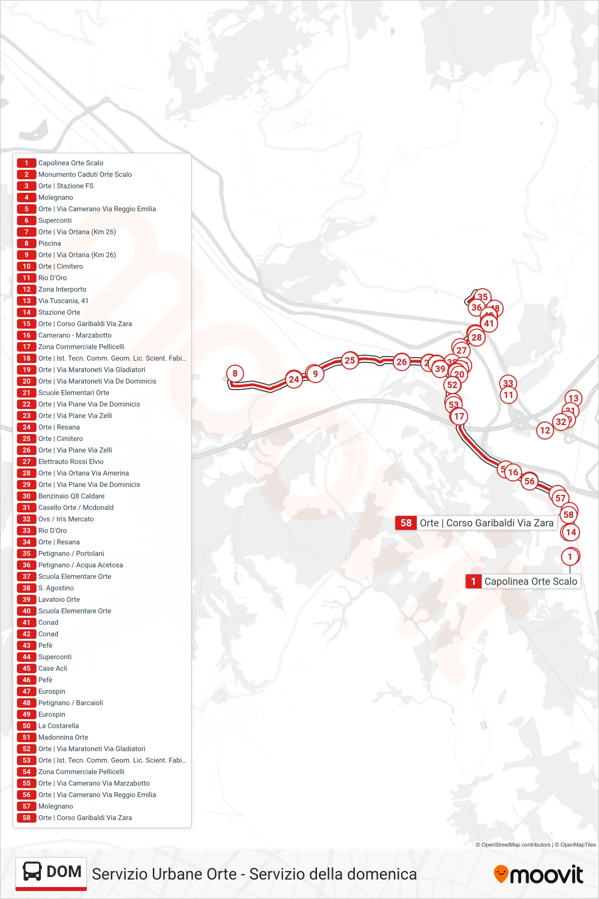 Linea DOM bus (Orte FS) - Percorsi e fermate sulla mappa