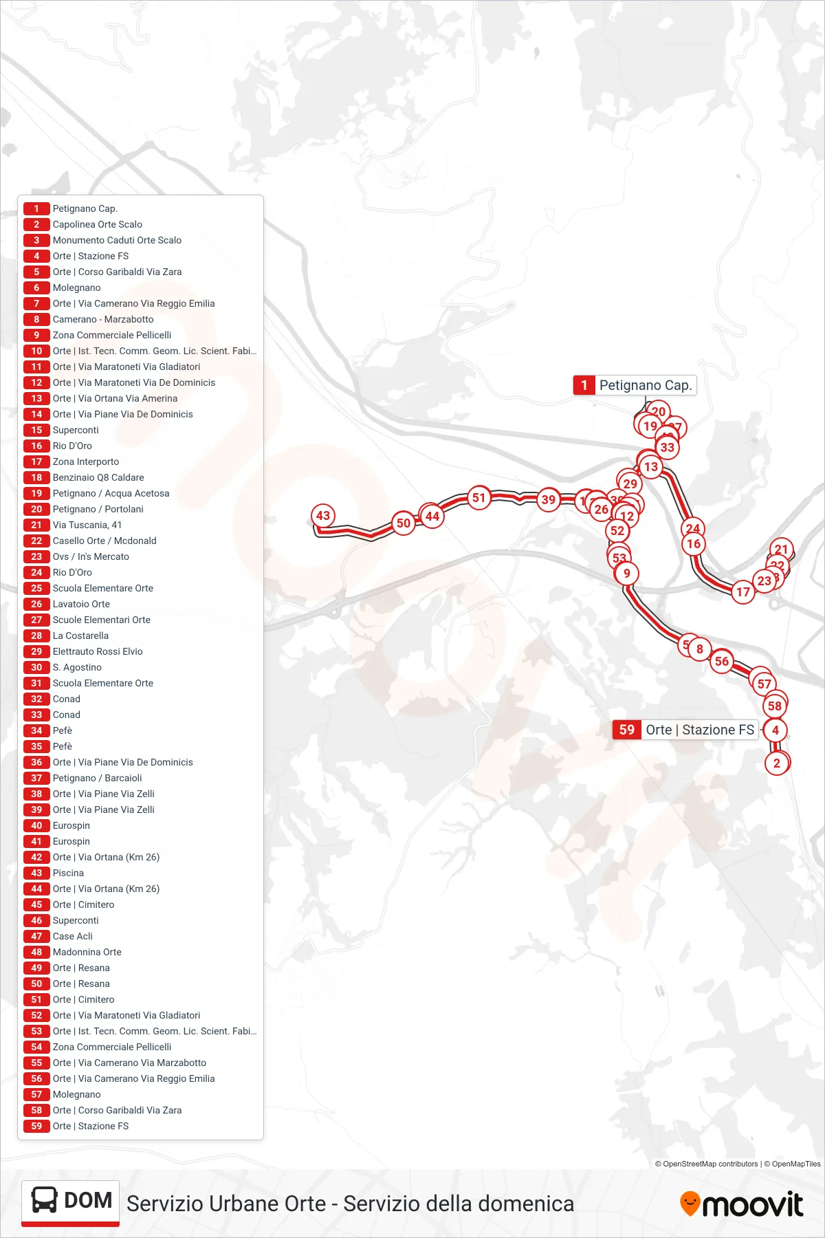 Linea DOM bus (Orte - P.za 29 Agosto) - Percorsi e fermate sulla mappa