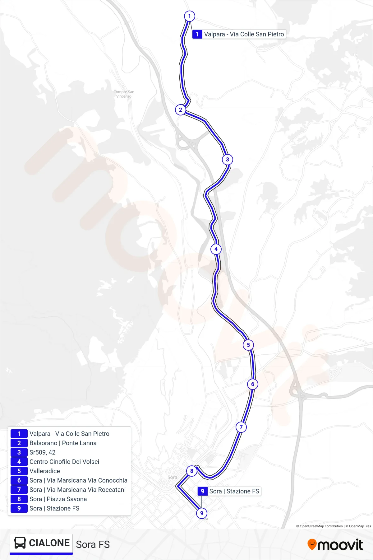 Linea CIALONE bus (Sora FS) - Percorsi e fermate sulla mappa
