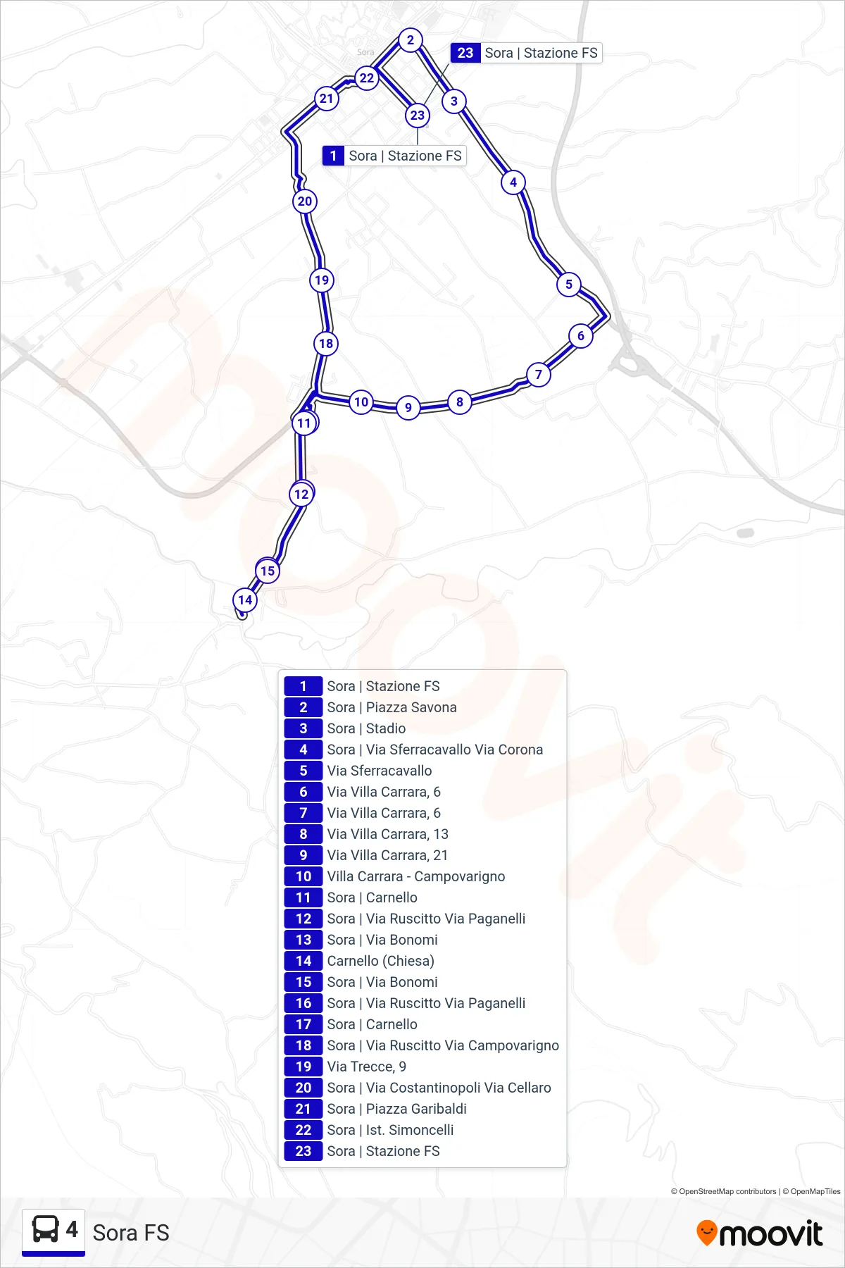 Linea 4 bus (Sora FS) - Percorsi e fermate sulla mappa
