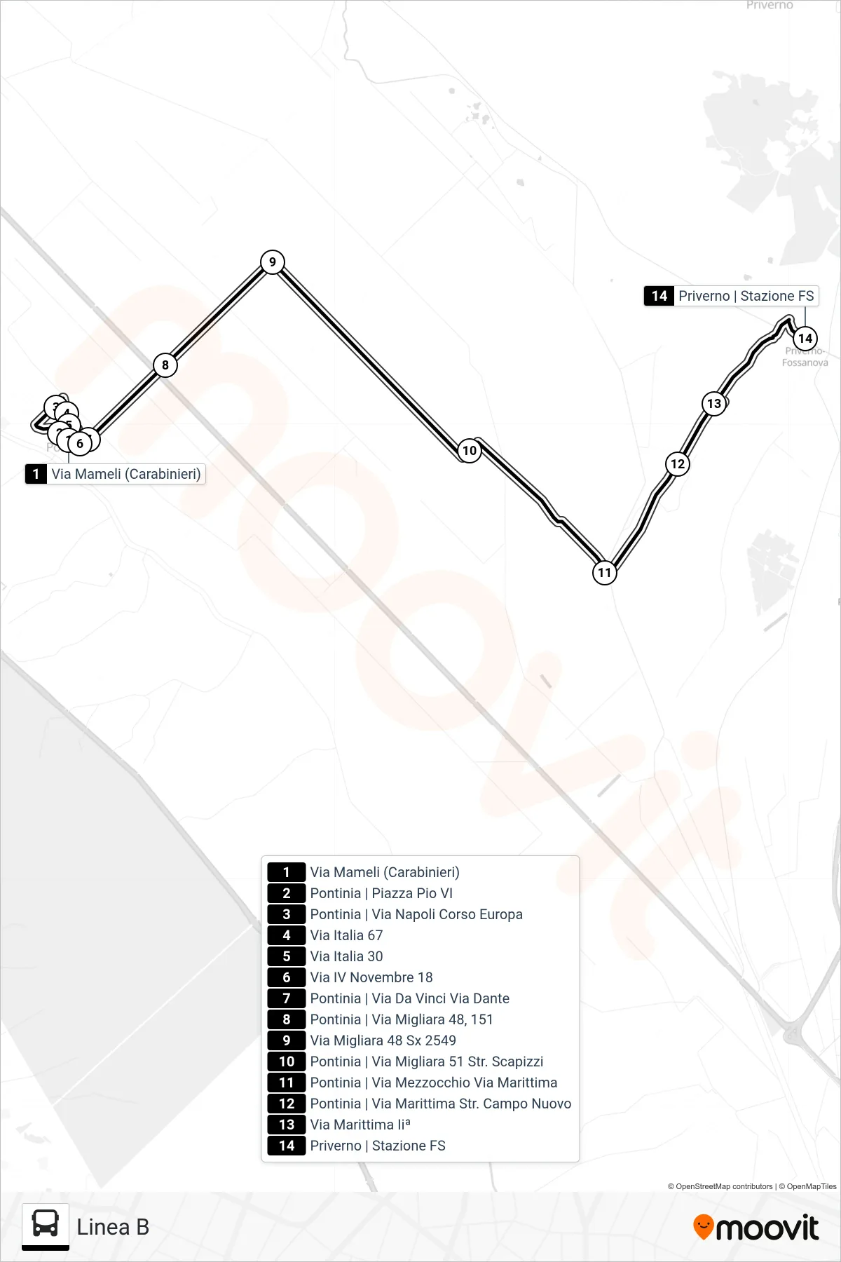Linea PONTINIA bus (Linea B) - Percorsi e fermate sulla mappa