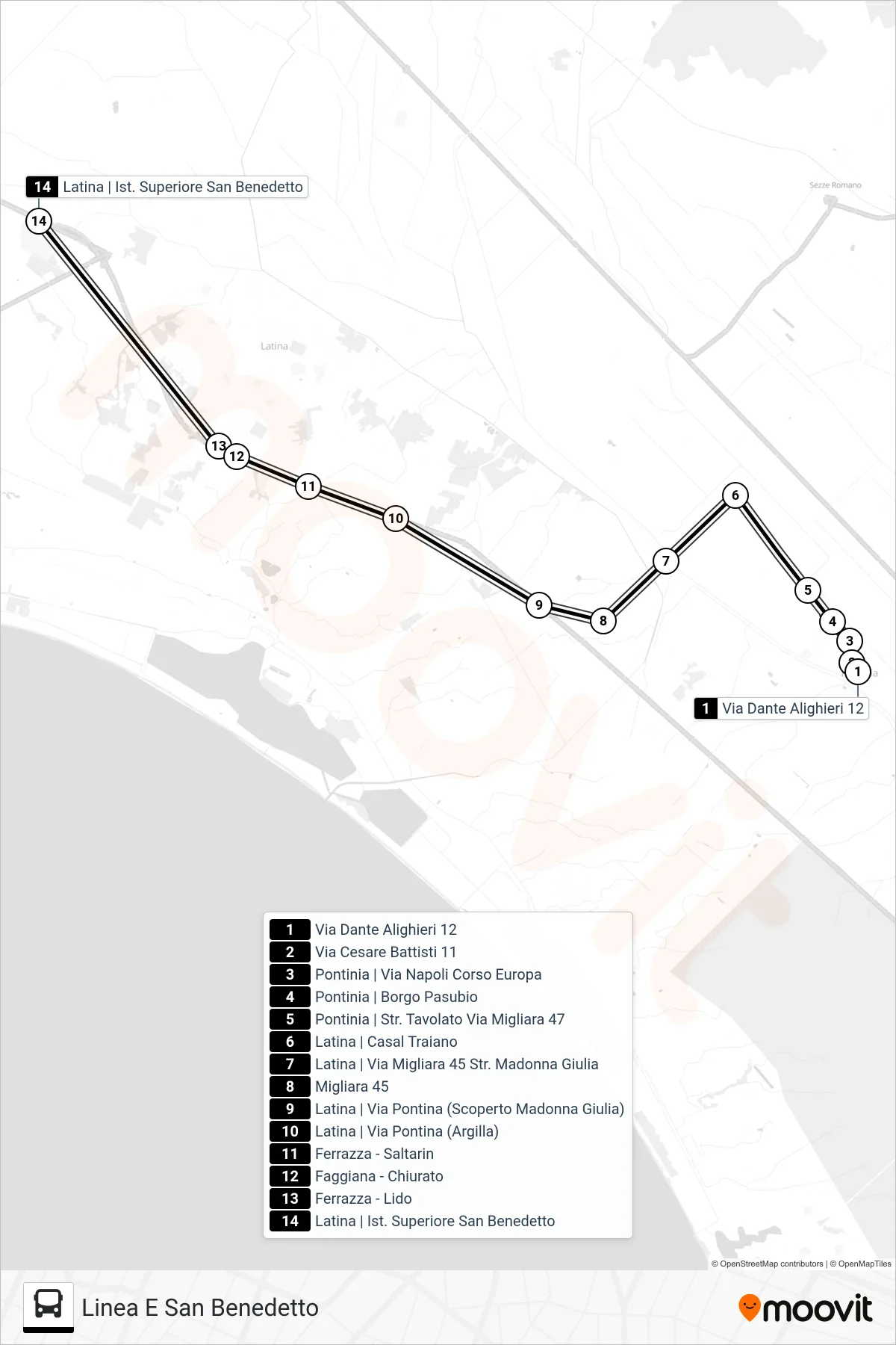 Linea PONTINIA bus (Linea E San Benedetto) - Percorsi e fermate sulla mappa