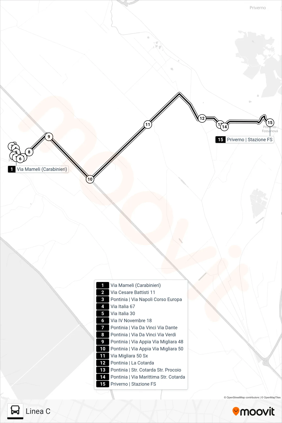 Linea PONTINIA bus (Linea C) - Percorsi e fermate sulla mappa