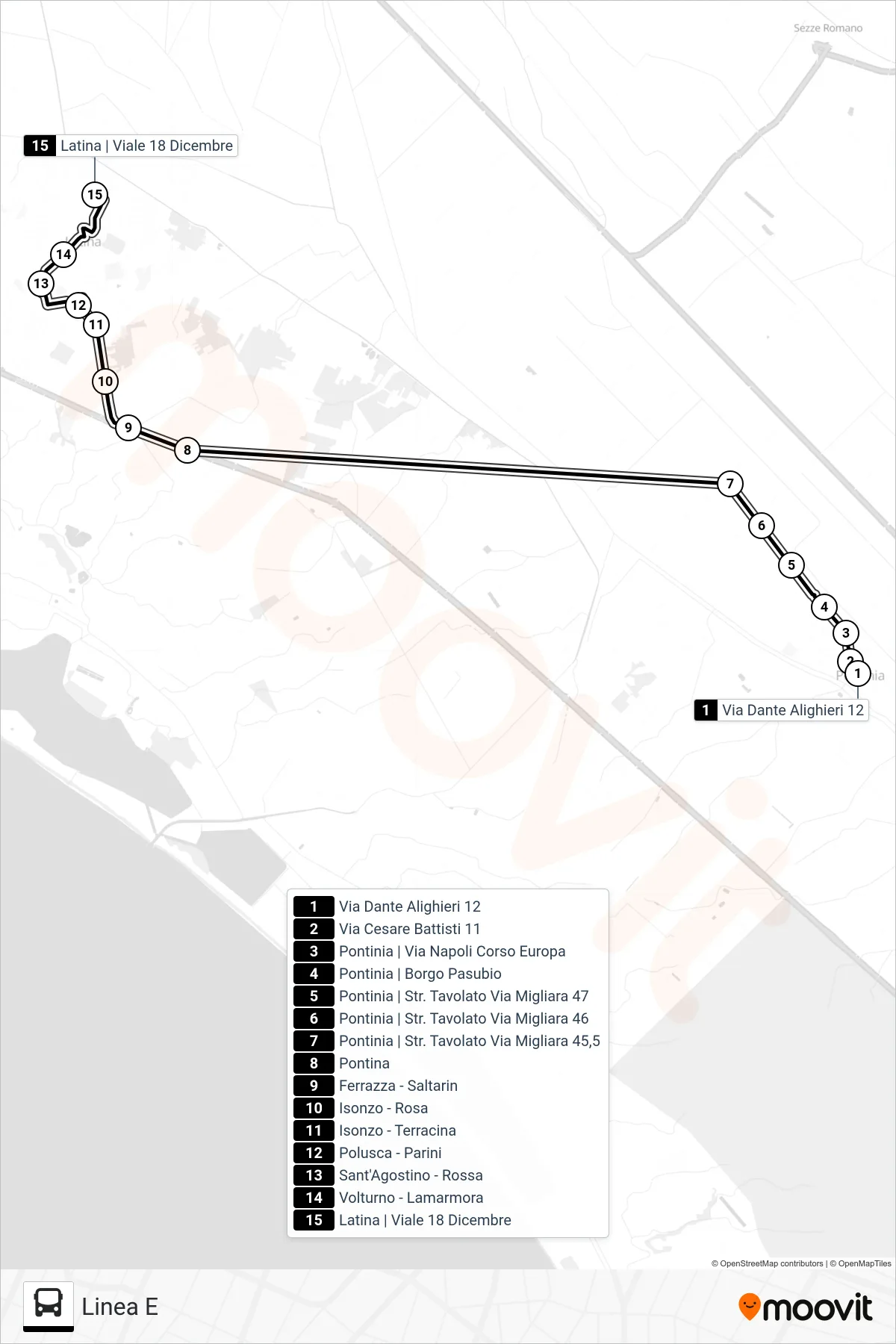 Linea PONTINIA  bus (Linea E) - Percorsi e fermate sulla mappa
