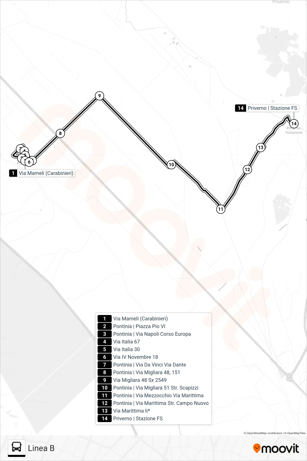 Linea PONTINIA bus (Linea B) - Percorsi e fermate sulla mappa