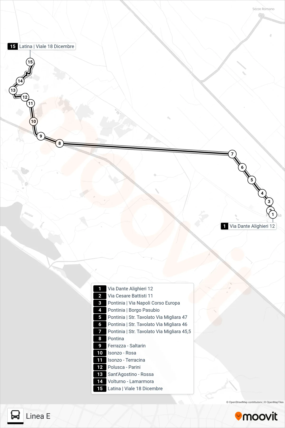 Linea PONTINIA bus (Linea E) - Percorsi e fermate sulla mappa