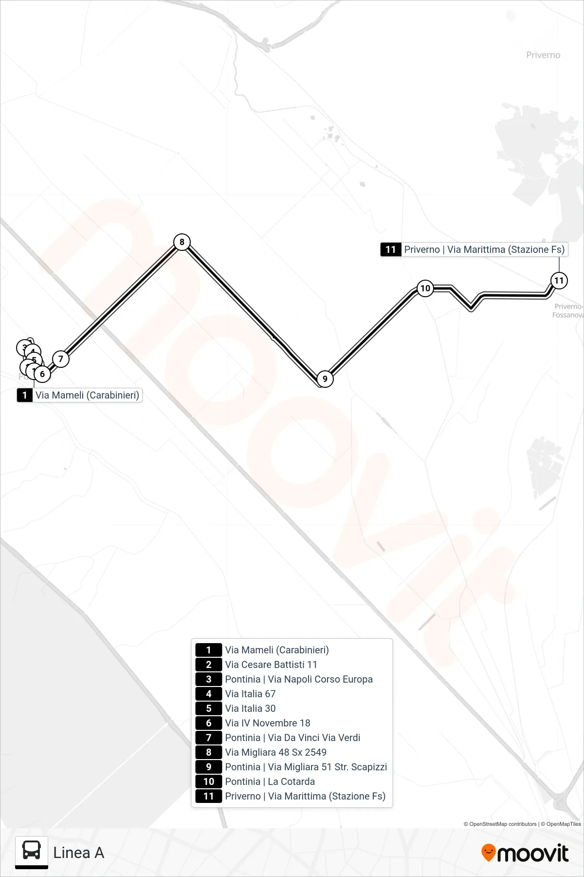 Linea PONTINIA bus (Linea A) - Percorsi e fermate sulla mappa