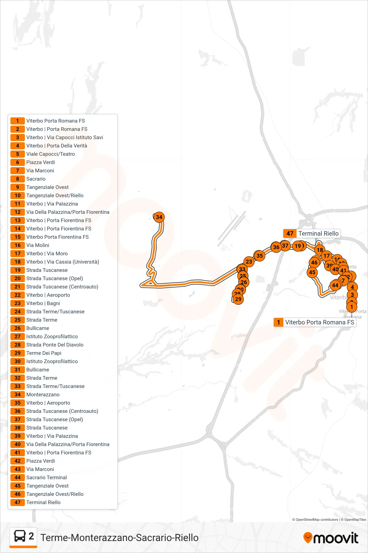 Linea 2 bus (Terme-Monterazzano-Sacrario-Riello) - Percorsi e fermate sulla mappa
