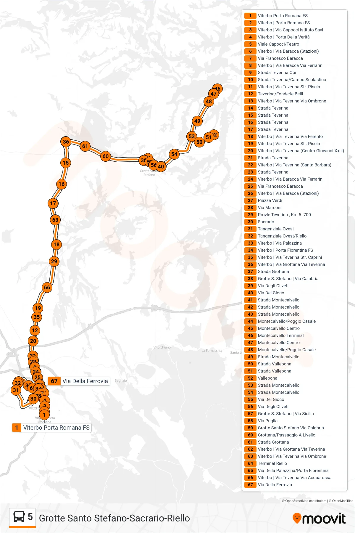 Linea 5 bus (Grotte Santo Stefano-Sacrario-Riello) - Percorsi e fermate sulla mappa