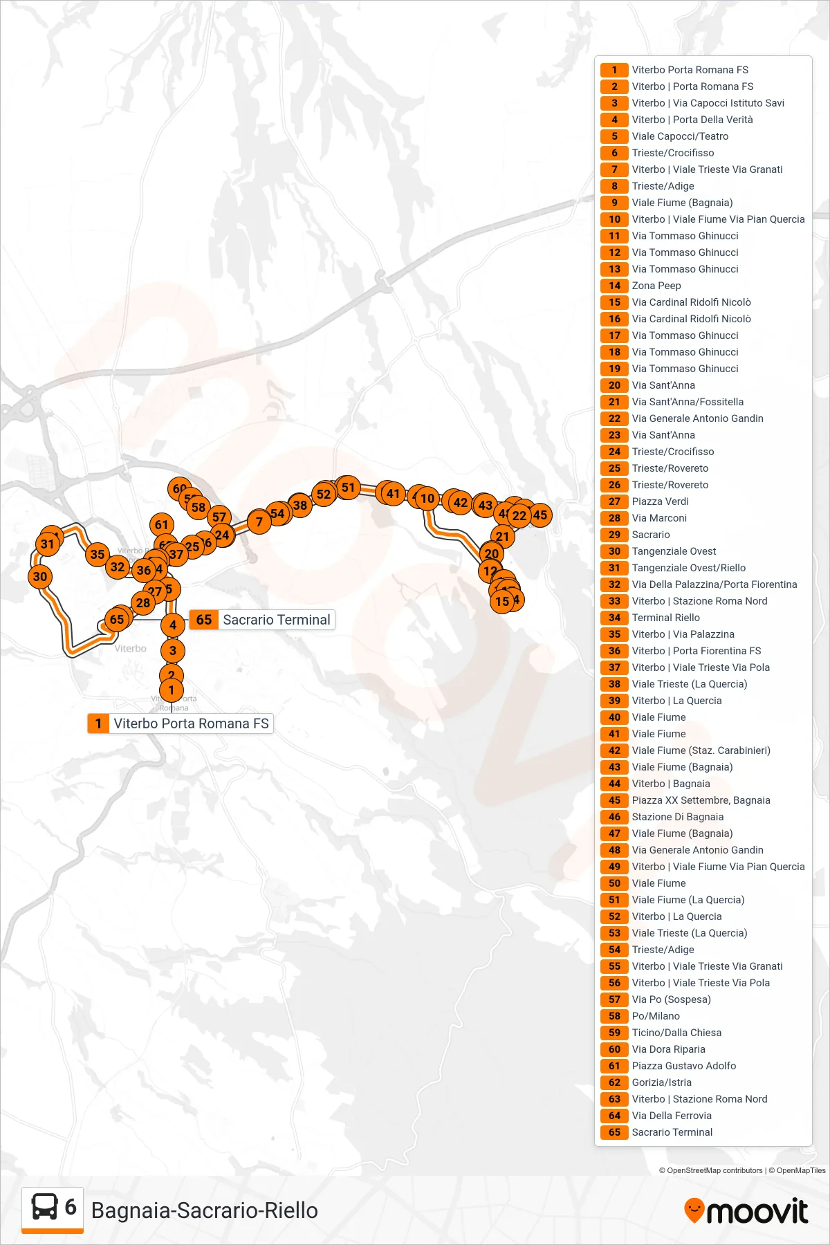 Linea 6 bus (Bagnaia-Sacrario-Riello) - Percorsi e fermate sulla mappa