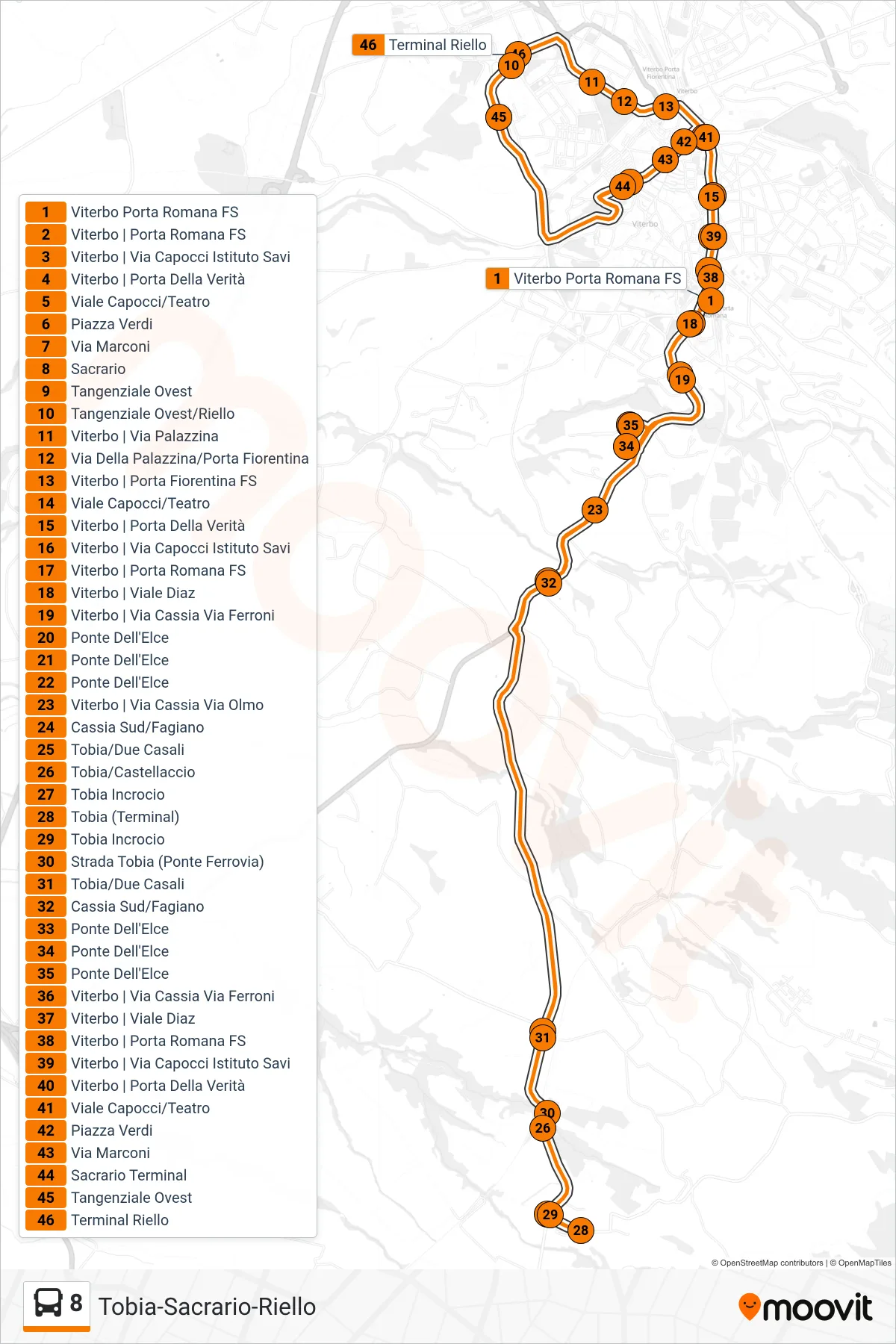 Linea 8 bus (Tobia-Sacrario-Riello) - Percorsi e fermate sulla mappa