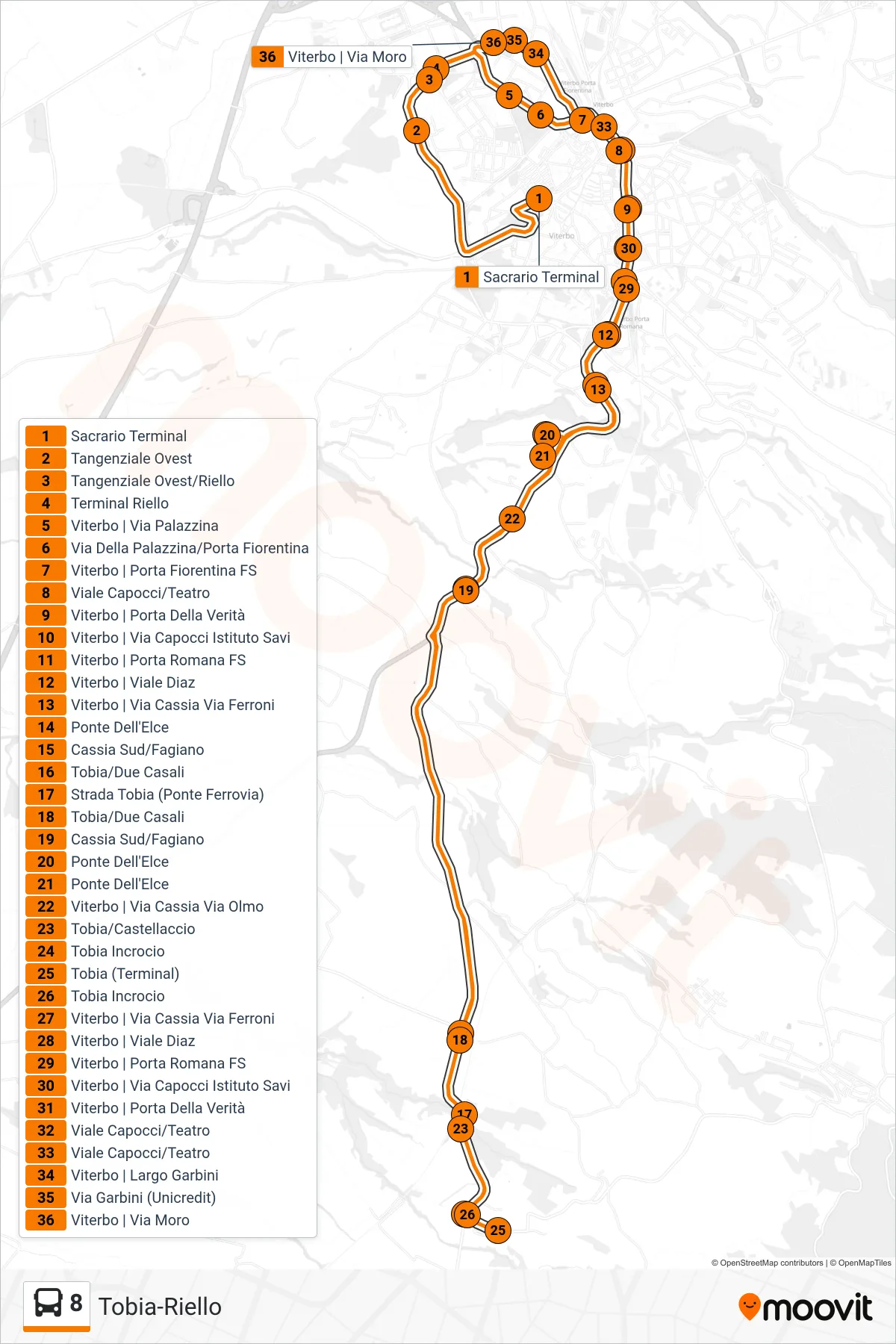 Linea 8 bus (Tobia-Riello) - Percorsi e fermate sulla mappa
