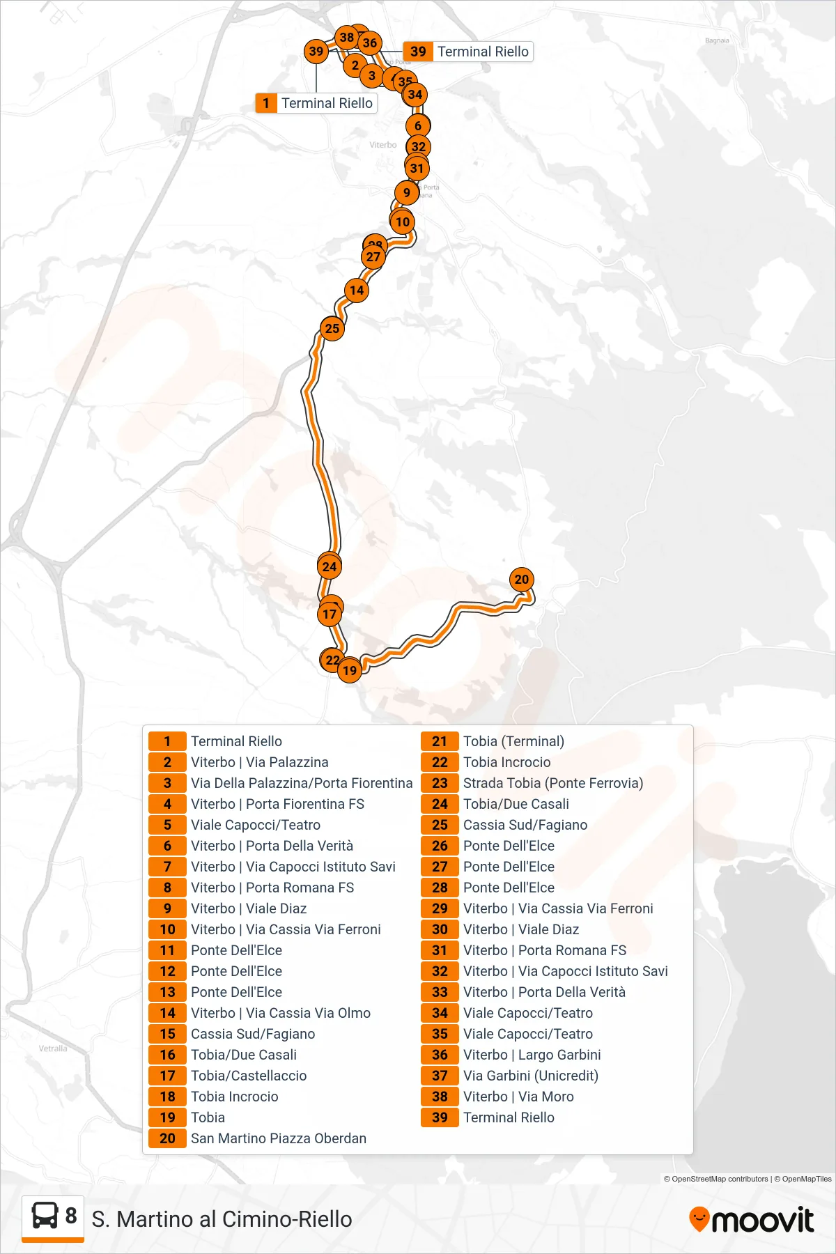 Linea 8 bus (S. Martino al Cimino-Riello) - Percorsi e fermate sulla mappa