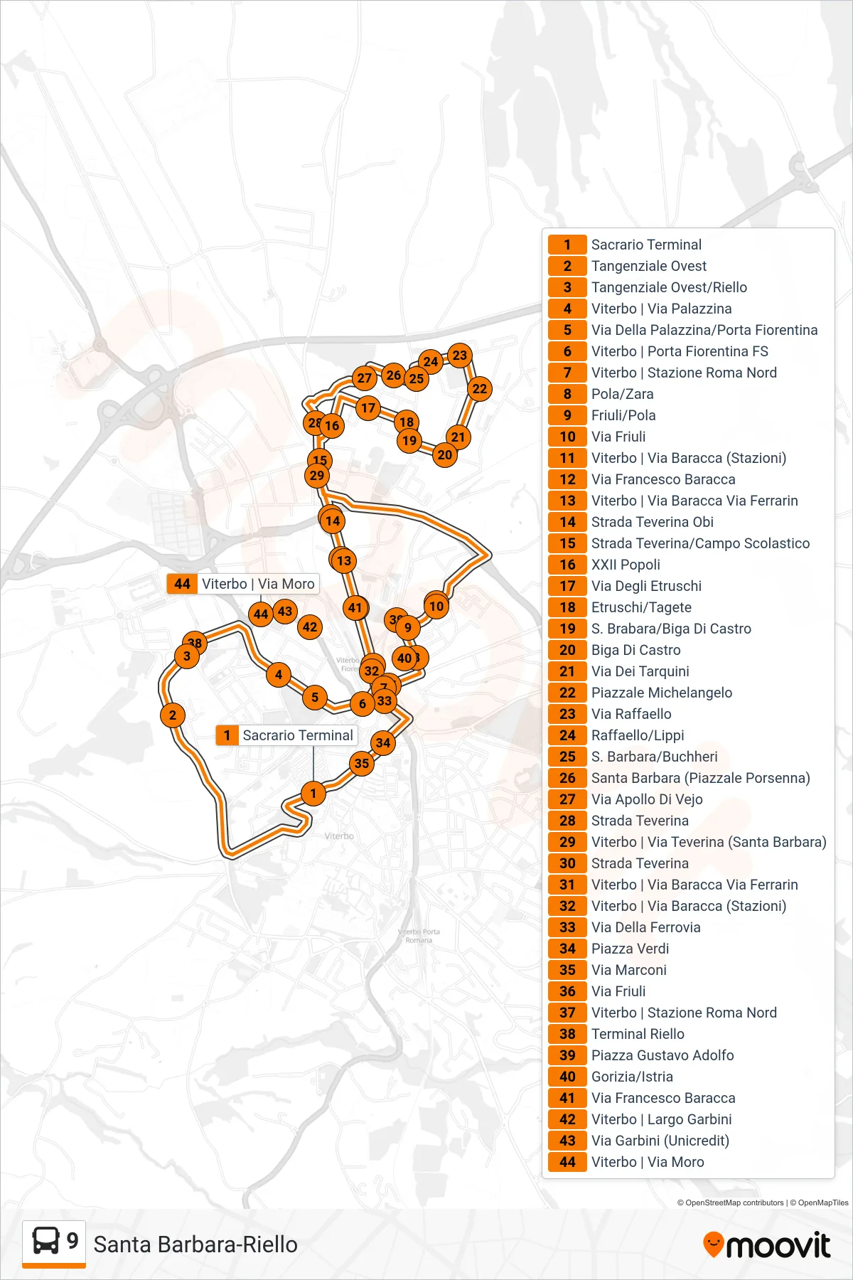 Linea 9 bus (Santa Barbara-Riello) - Percorsi e fermate sulla mappa