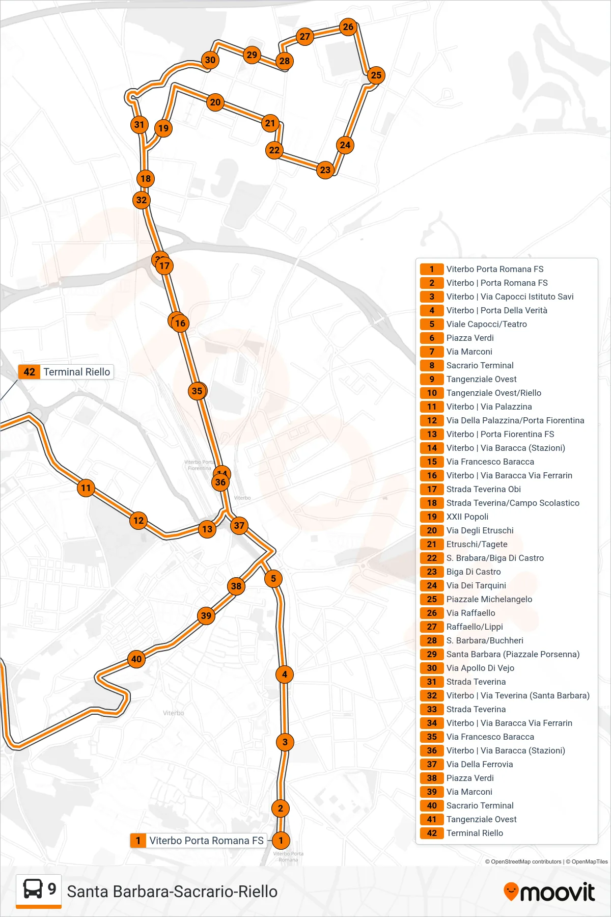 Linea 9 bus (Santa Barbara-Sacrario-Riello) - Percorsi e fermate sulla mappa