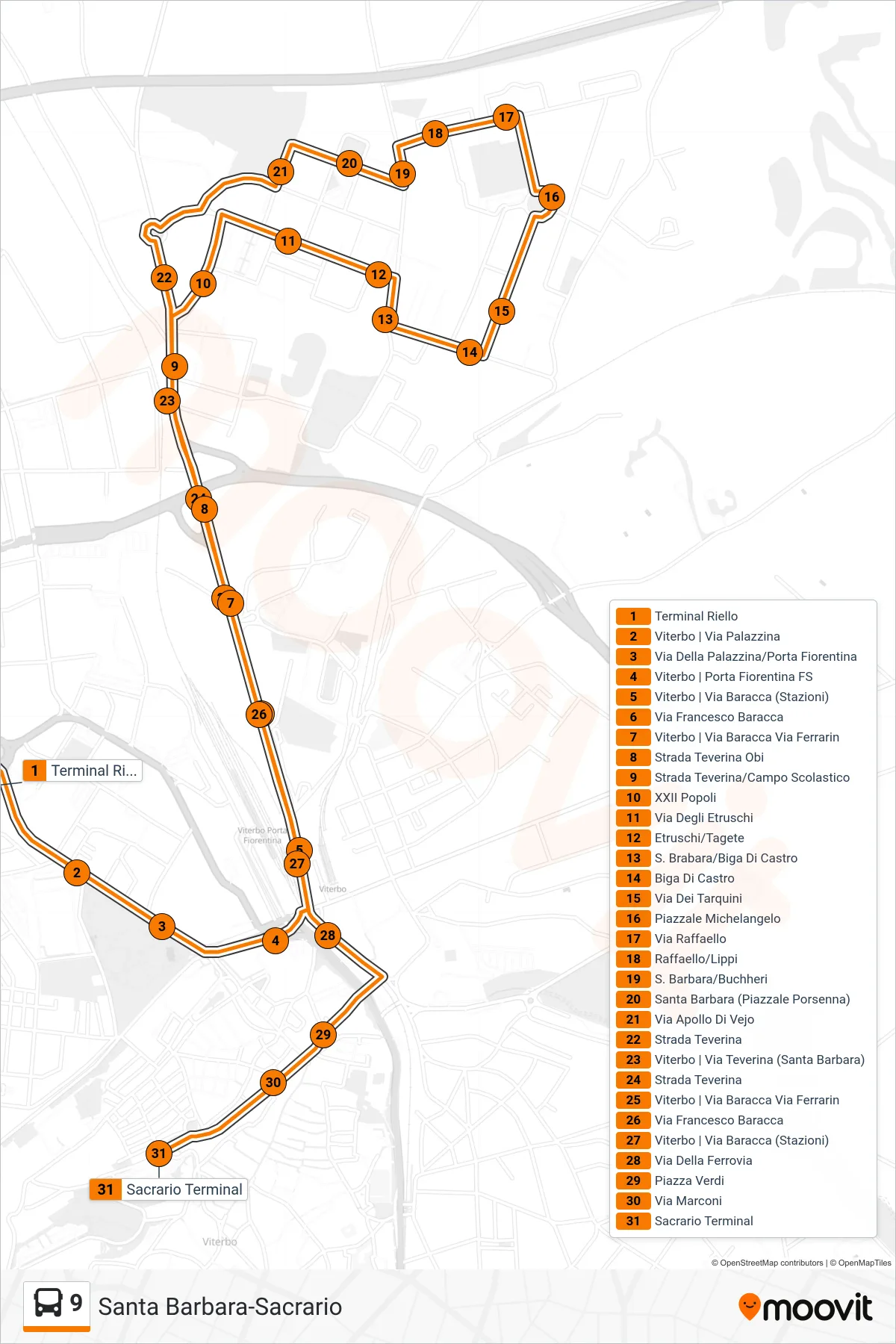 Linea 9 bus (Santa Barbara-Sacrario) - Percorsi e fermate sulla mappa