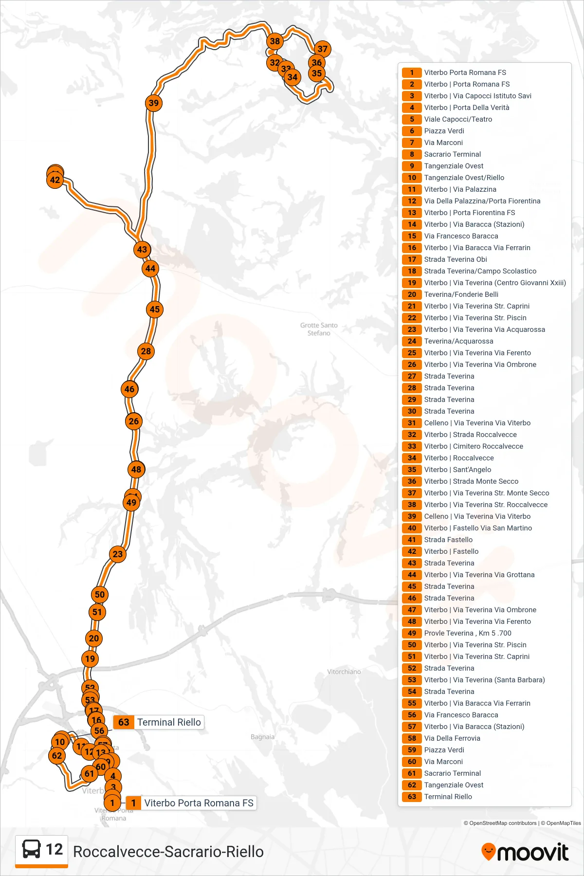 12 bus Line (Roccalvecce-Sacrario-Riello) route and stops on a map