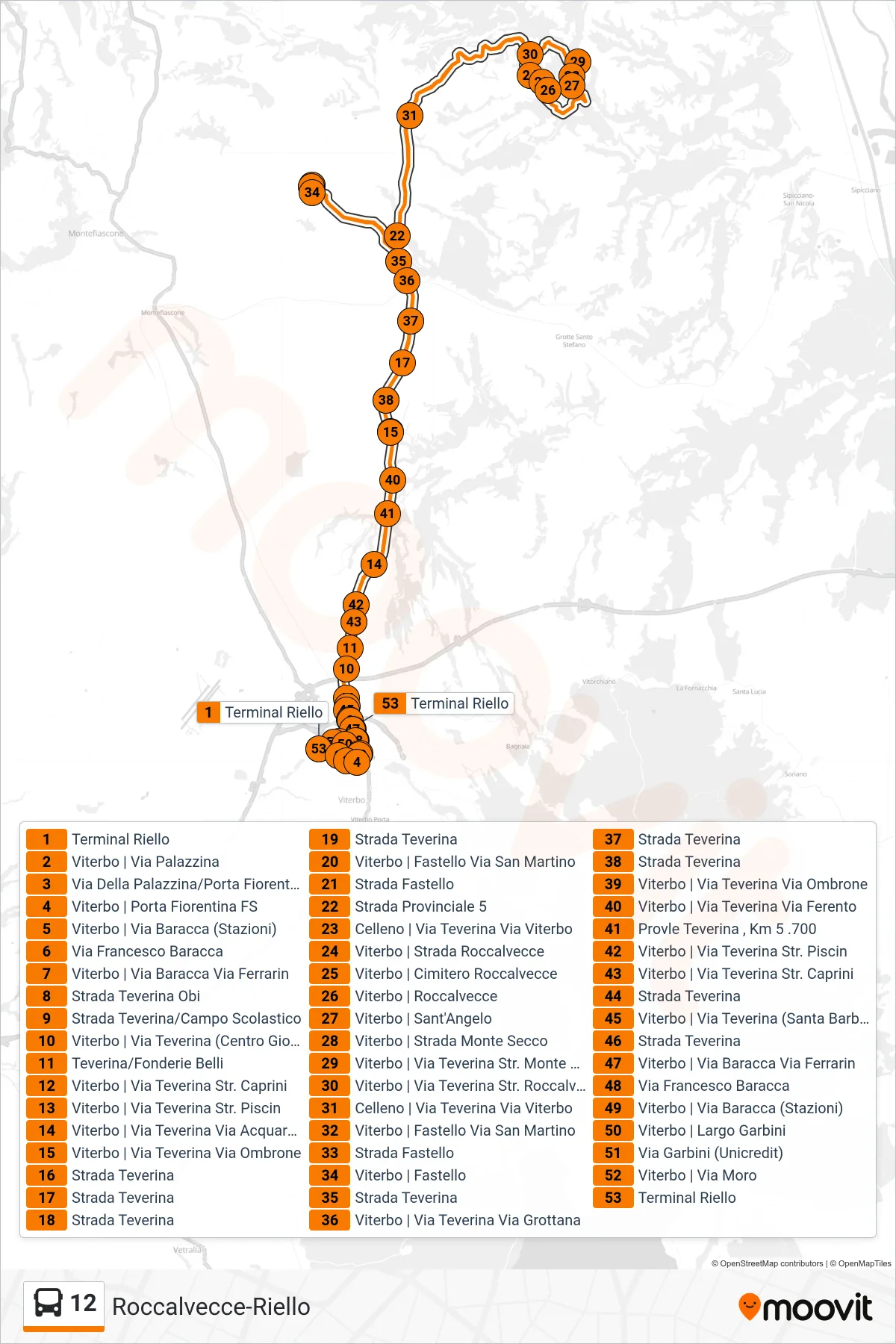 Linea 12 bus (Roccalvecce-Riello) - Percorsi e fermate sulla mappa