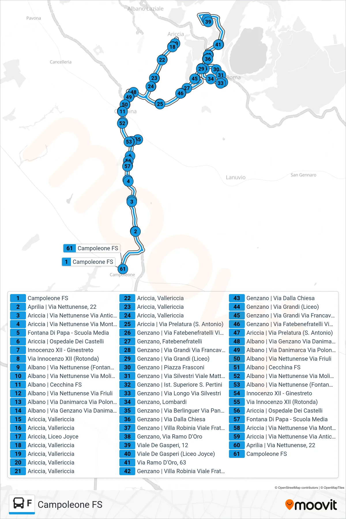 Linea F  bus (Campoleone FS) - Percorsi e fermate sulla mappa