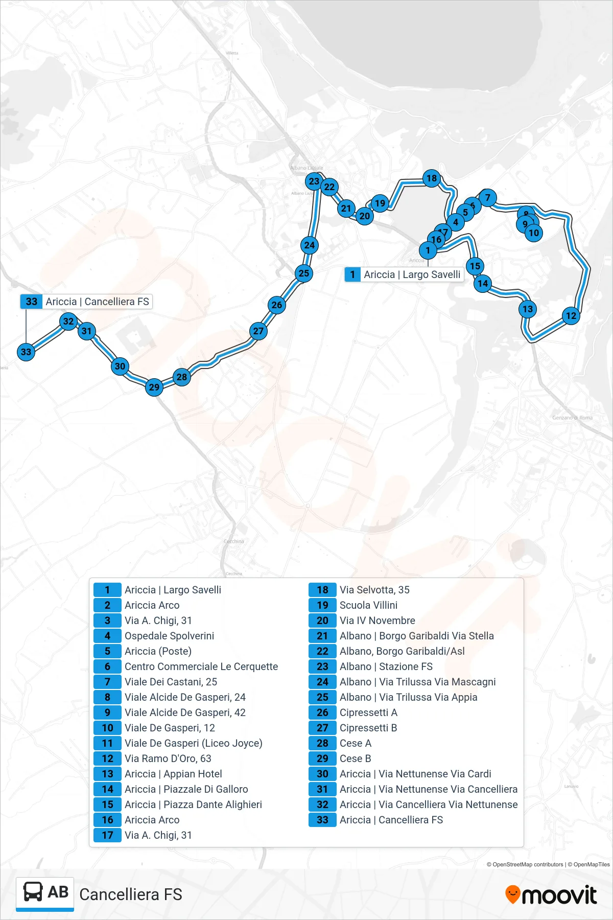 Linea AB bus (Cancelliera FS) - Percorsi e fermate sulla mappa