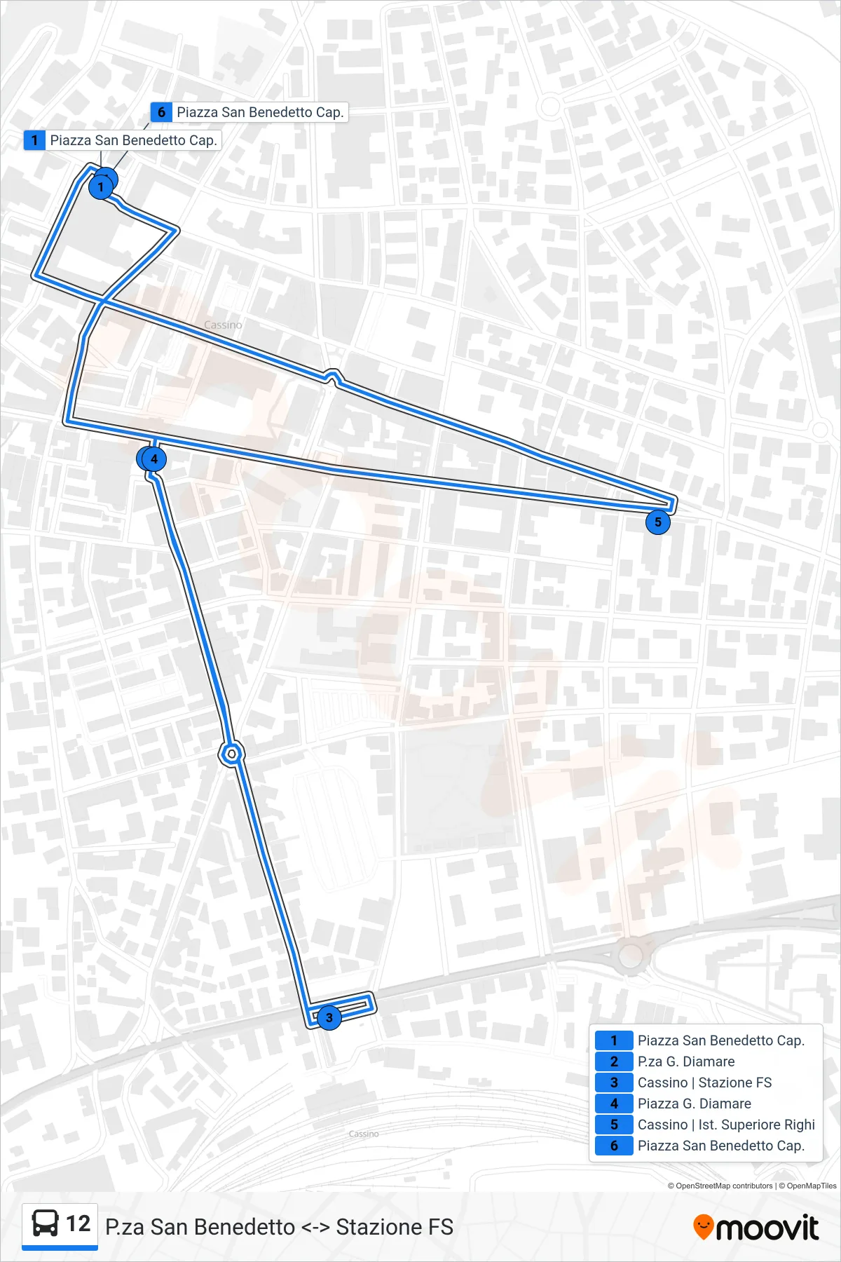 Linea 12  bus (P.za San Benedetto <-> Stazione FS) - Percorsi e fermate sulla mappa