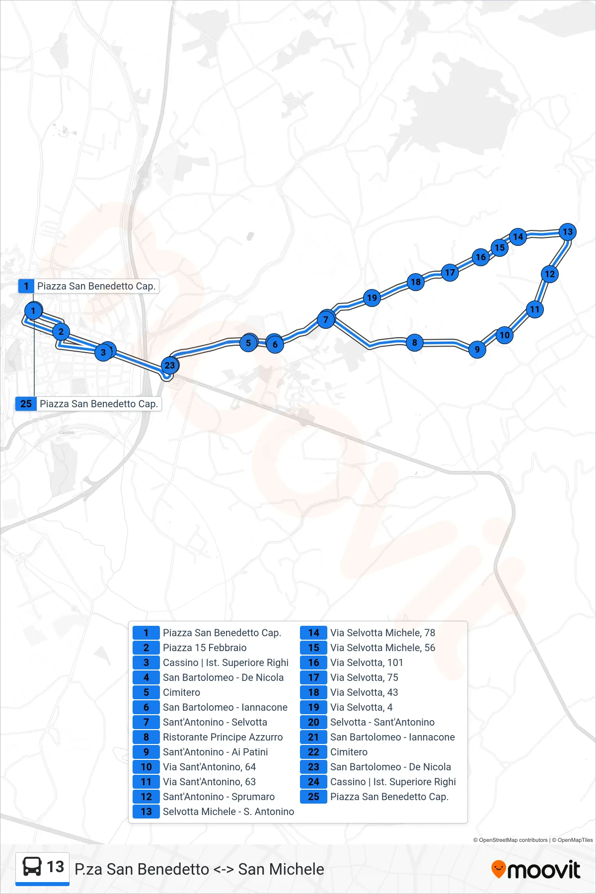 Linea 13 bus (P.za San Benedetto <-> San Michele) - Percorsi e fermate sulla mappa