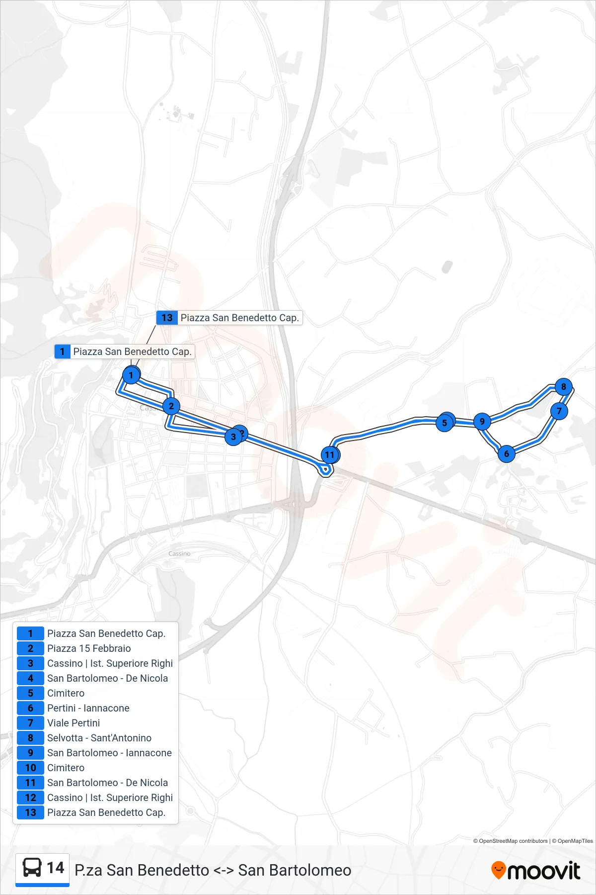 Linea 14 bus (P.za San Benedetto <-> San Bartolomeo) - Percorsi e fermate sulla mappa