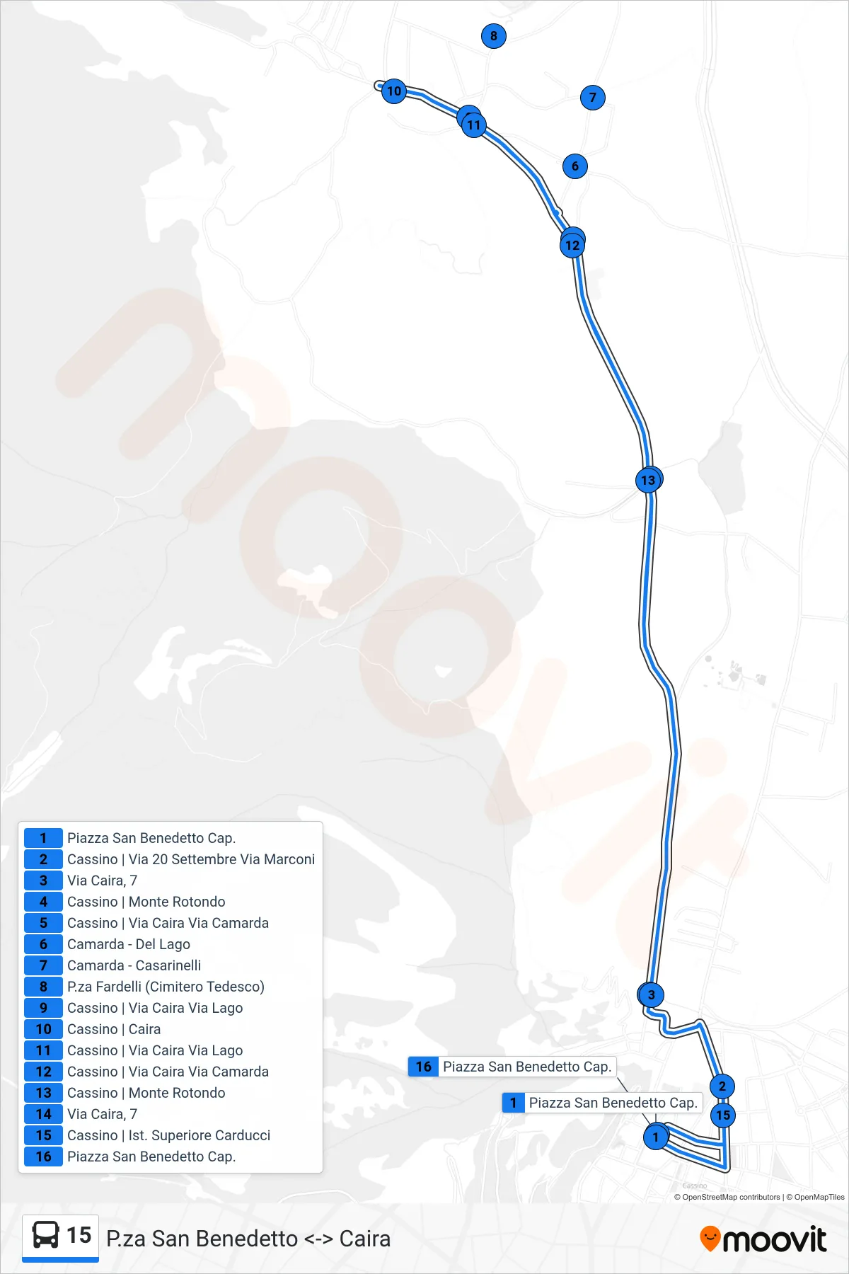 Linea 15 bus (P.za San Benedetto <-> Caira) - Percorsi e fermate sulla mappa