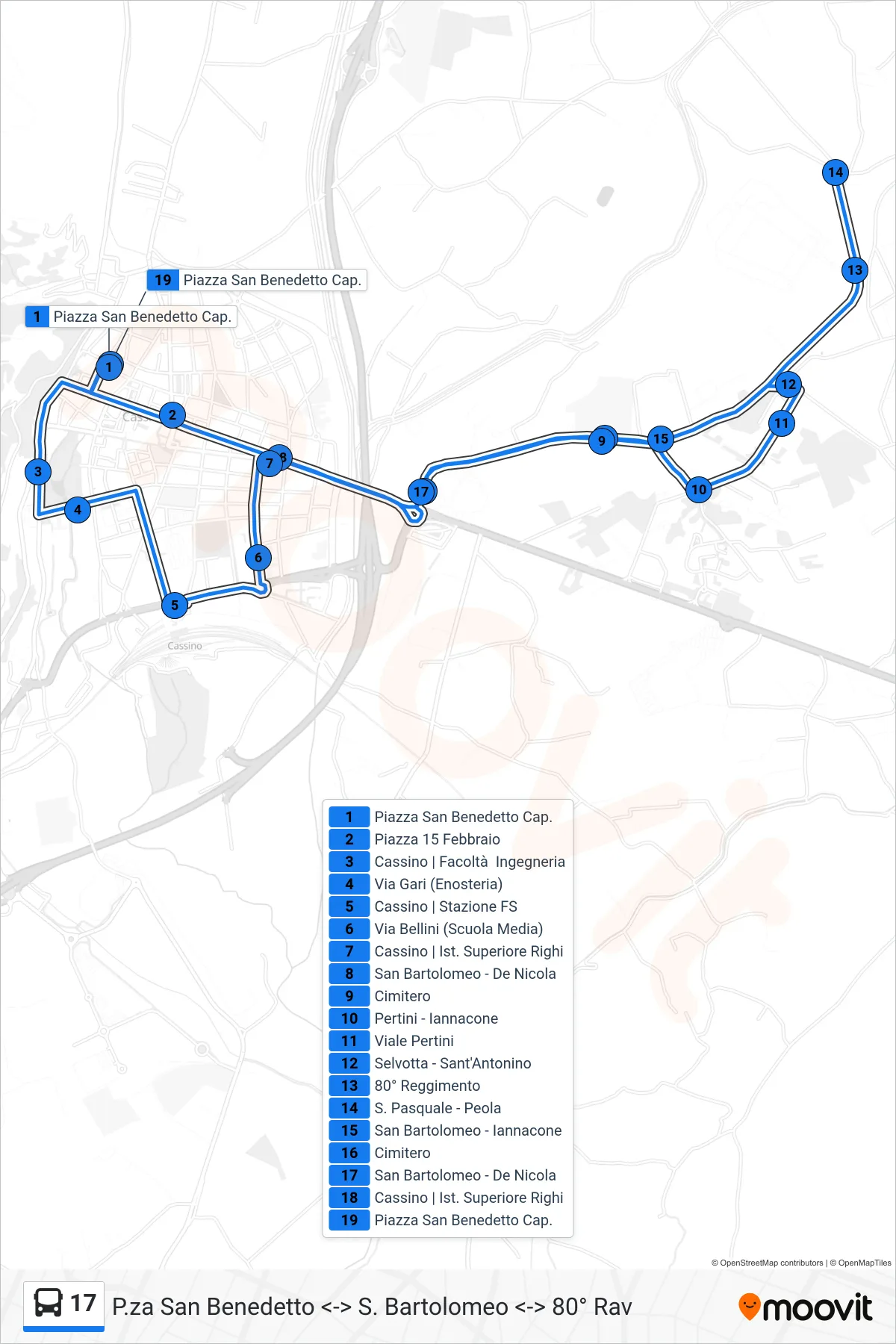Linea 17 bus (P.za San Benedetto <-> S. Bartolomeo <-> 80° Rav) - Percorsi e fermate sulla mappa