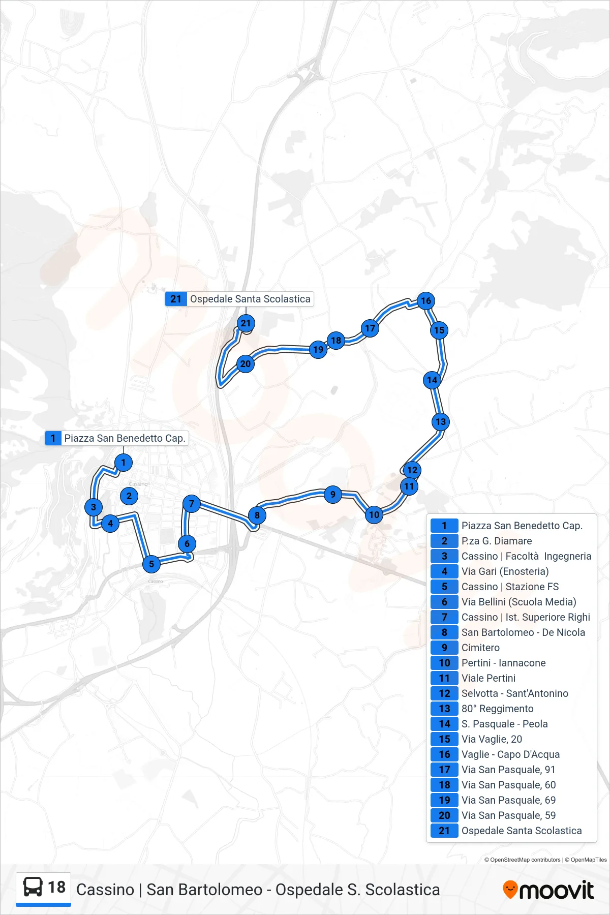 Linea 18 bus (P.za S. Benedetto <-> S. Bartolomeo <-> Ospedale) - Percorsi e fermate sulla mappa