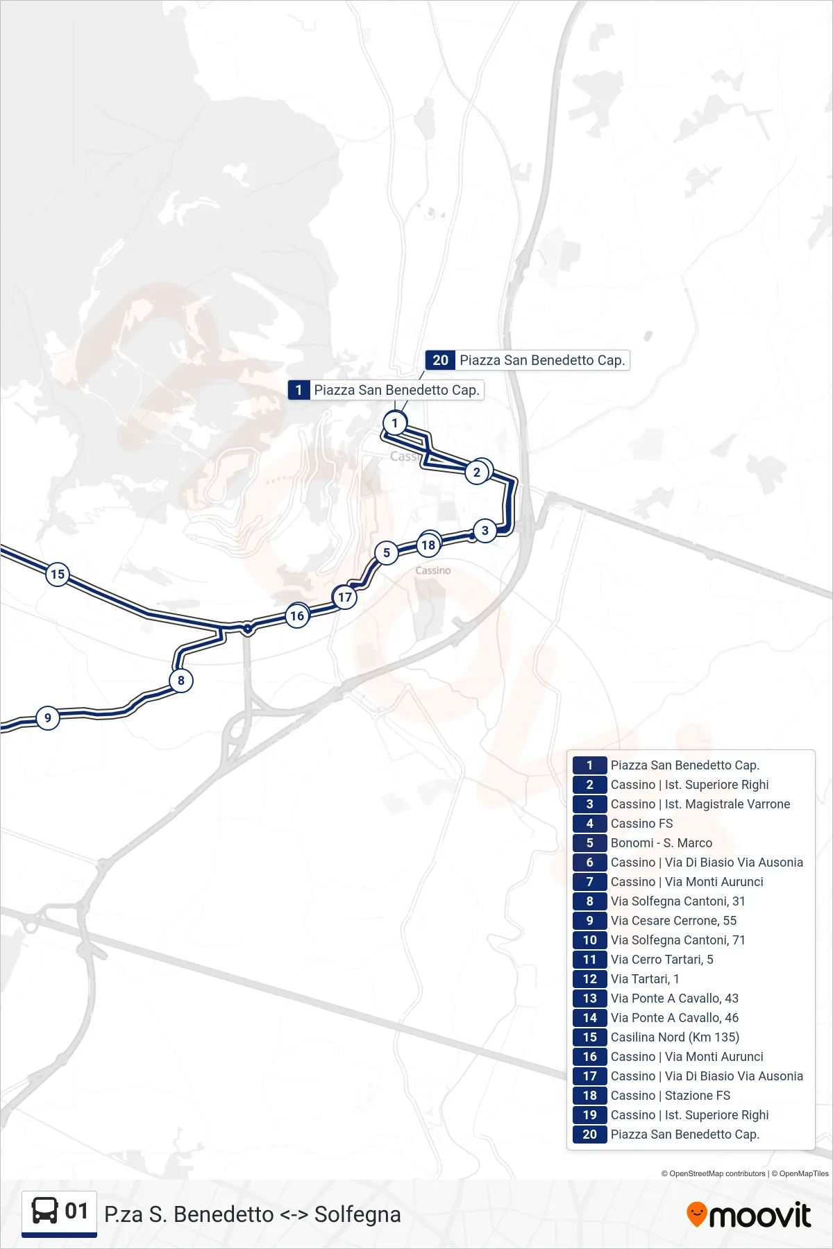 01 bus Line (San Benedetto Square <-> Solfegna) route and stops on a map