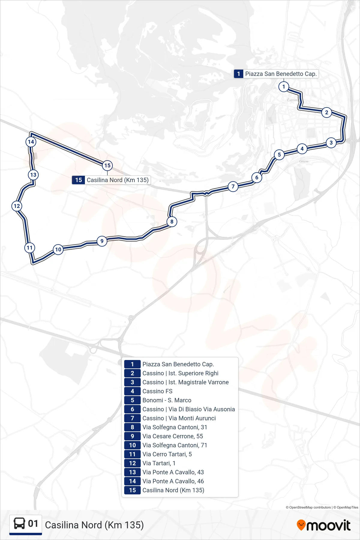 01 bus Line (Casilina Nord (Km 135)) route and stops on a map