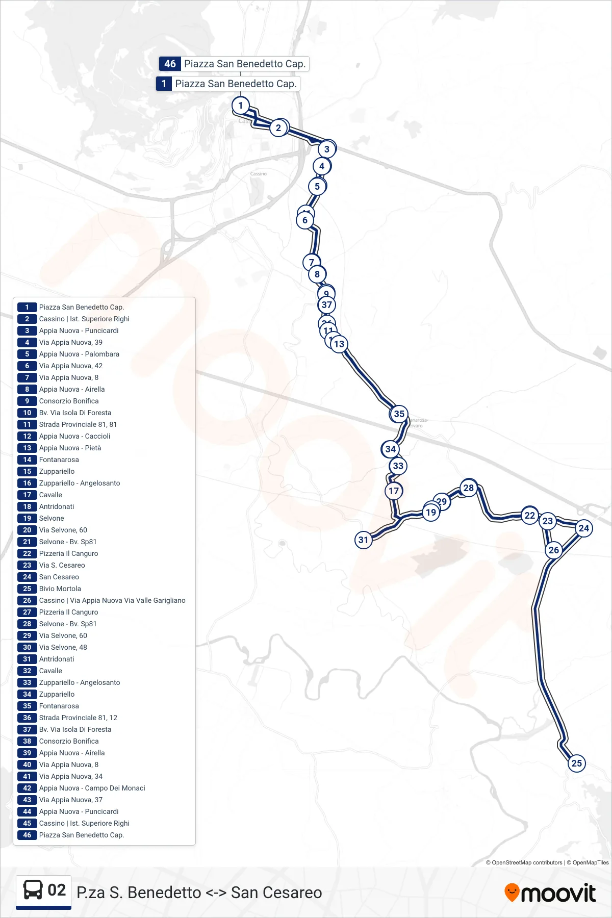 Linea 02 bus (P.za S. Benedetto <-> San Cesareo) - Percorsi e fermate sulla mappa