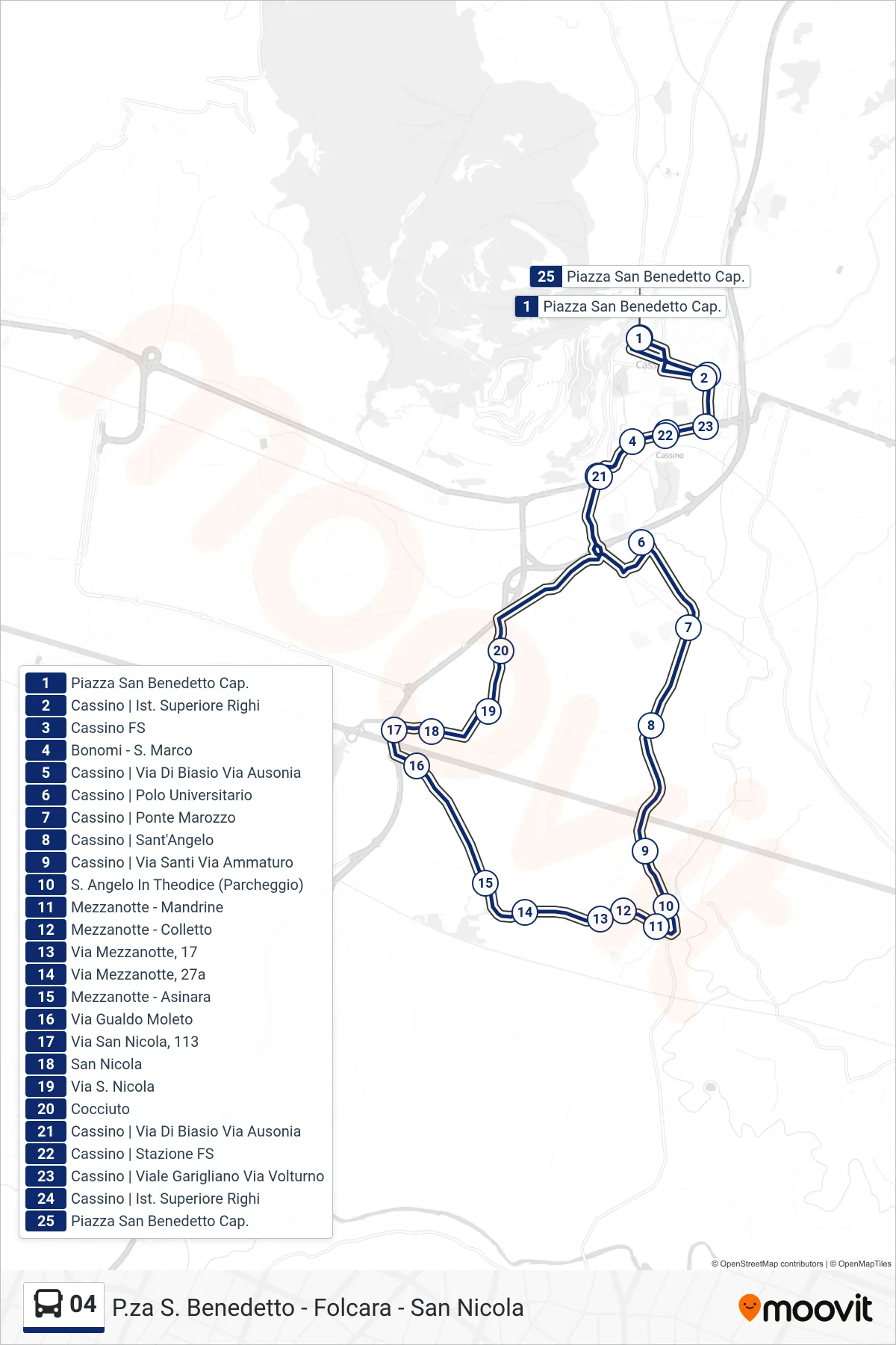 Linea 04 bus (P.za S. Benedetto - Folcara - San Nicola) - Percorsi e fermate sulla mappa
