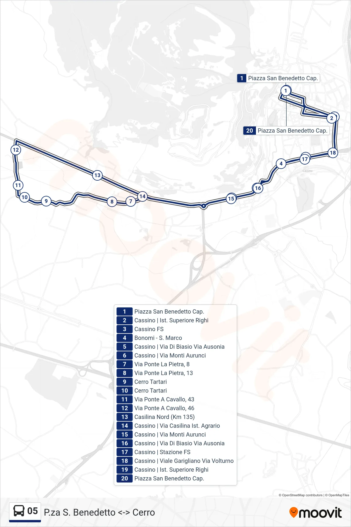 Linea 05 bus (P.za S. Benedetto <-> Cerro) - Percorsi e fermate sulla mappa