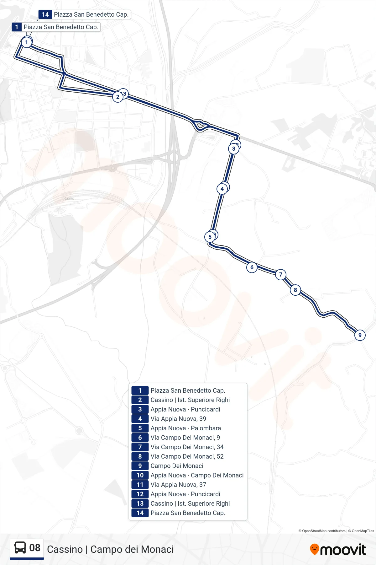 Linea 08 bus (P.za S. Benedetto <-> Campo Dei Monaci) - Percorsi e fermate sulla mappa
