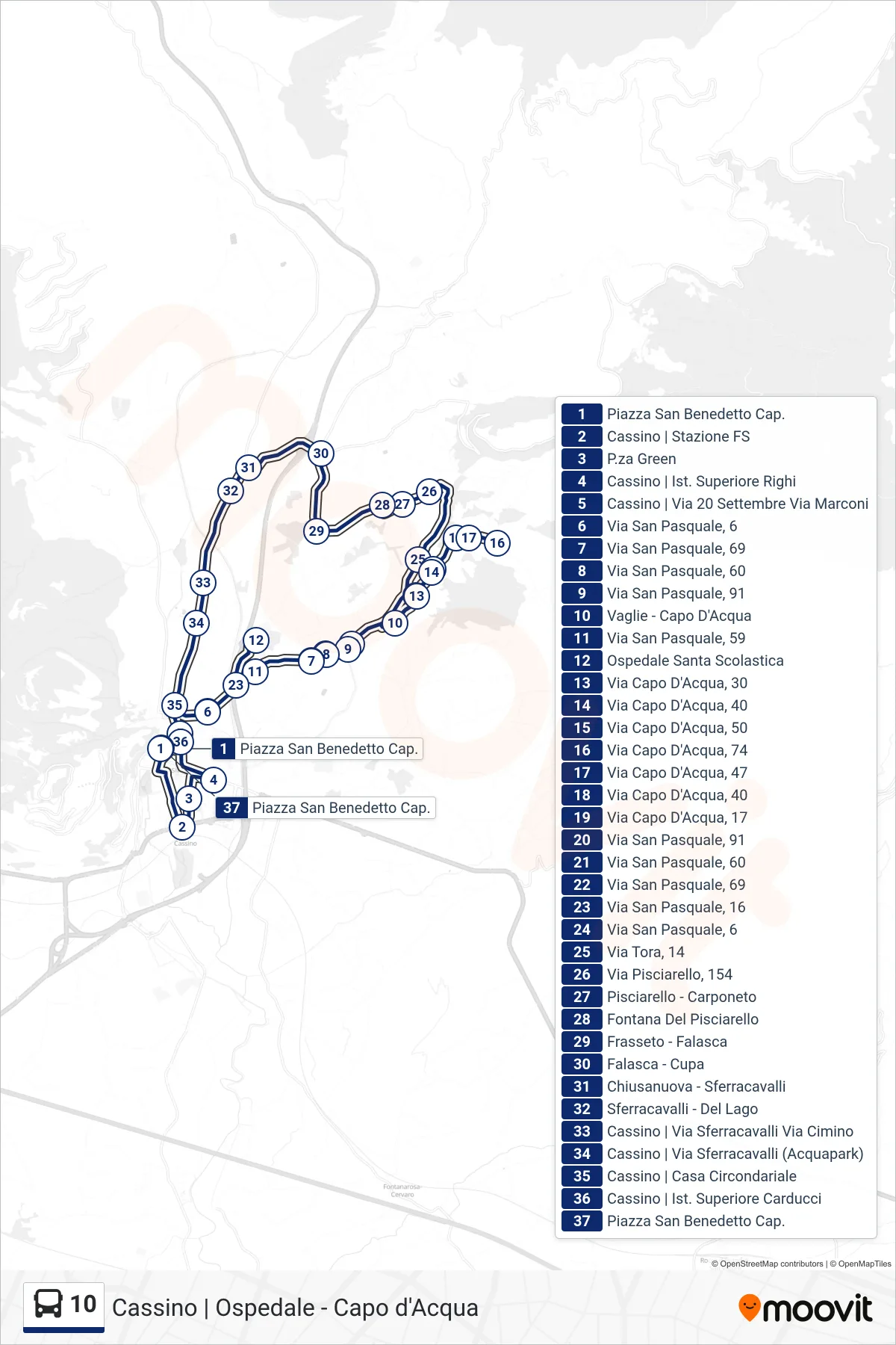 Linea 10 bus (P.za S. Benedetto - Ospedale - Capo D'Acqua) - Percorsi e fermate sulla mappa