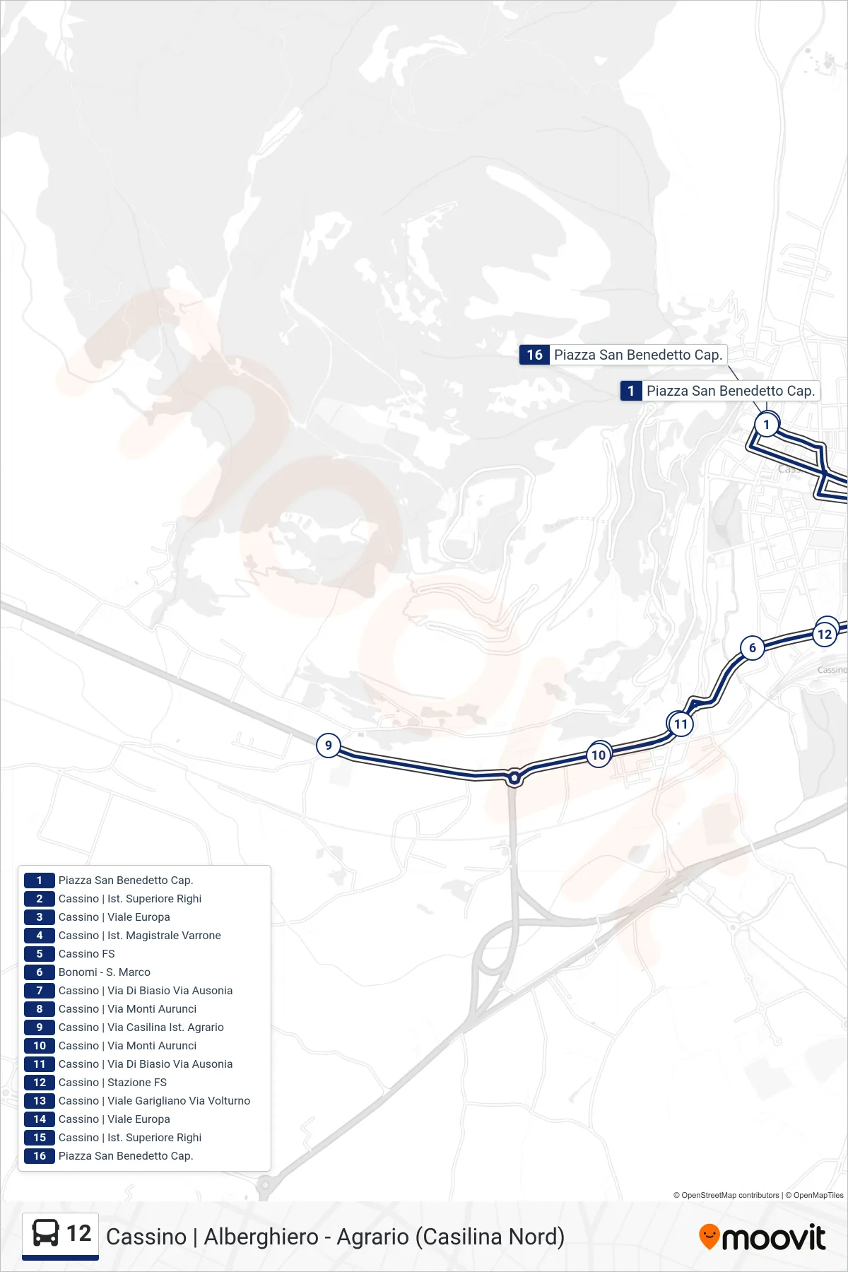 Linea 12 bus (P.za S. Benedetto <-> Ist. Alberghiero) - Percorsi e fermate sulla mappa