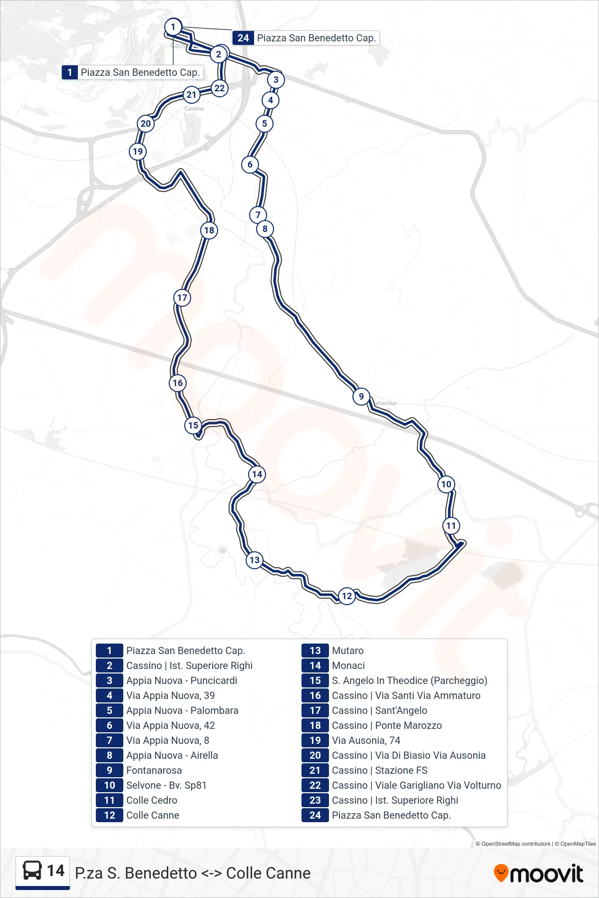 Linea 14 bus (P.za S. Benedetto <-> Colle Canne) - Percorsi e fermate sulla mappa