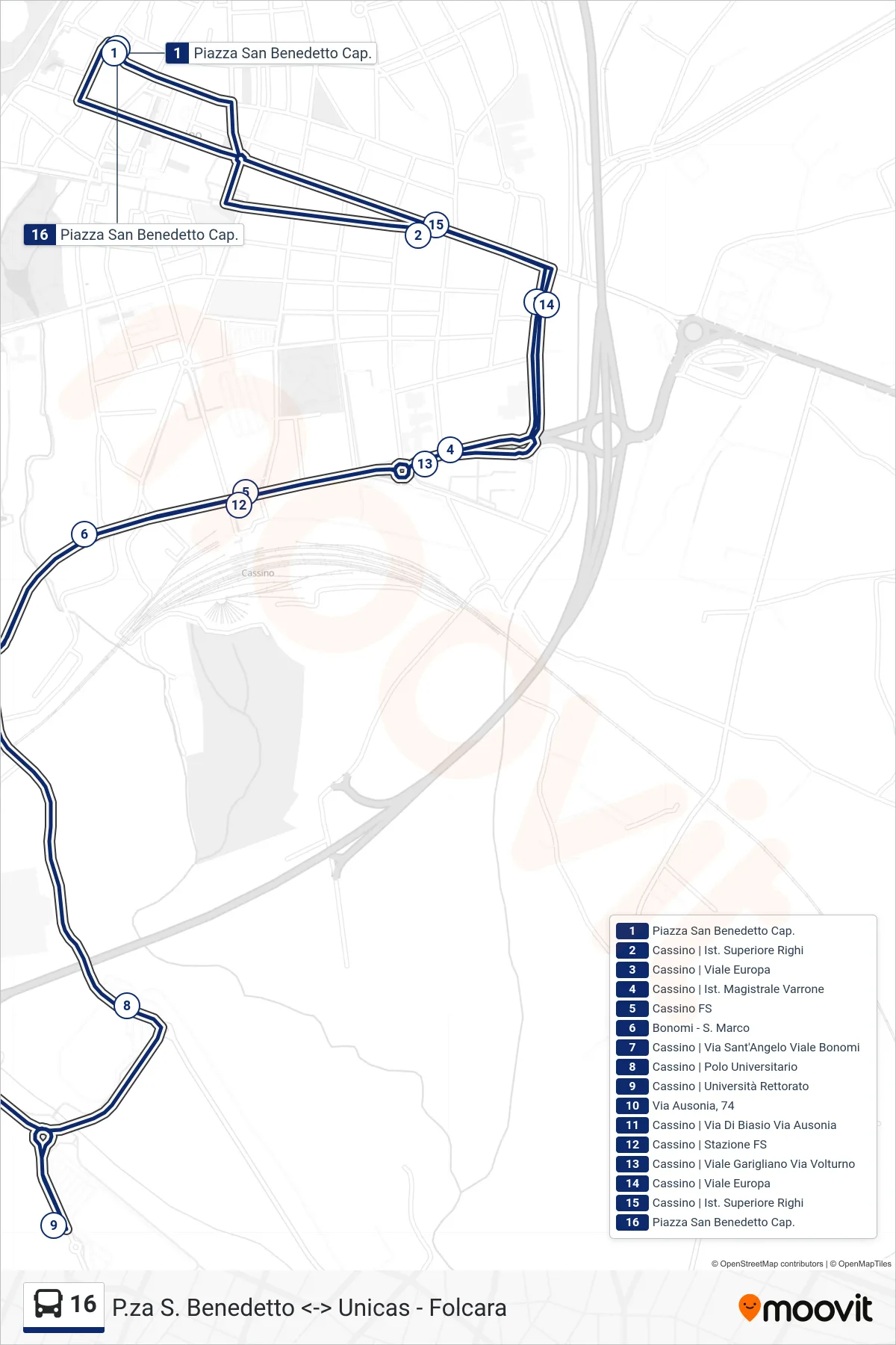 Linea 16 bus (P.za S. Benedetto <-> Unicas - Folcara) - Percorsi e fermate sulla mappa