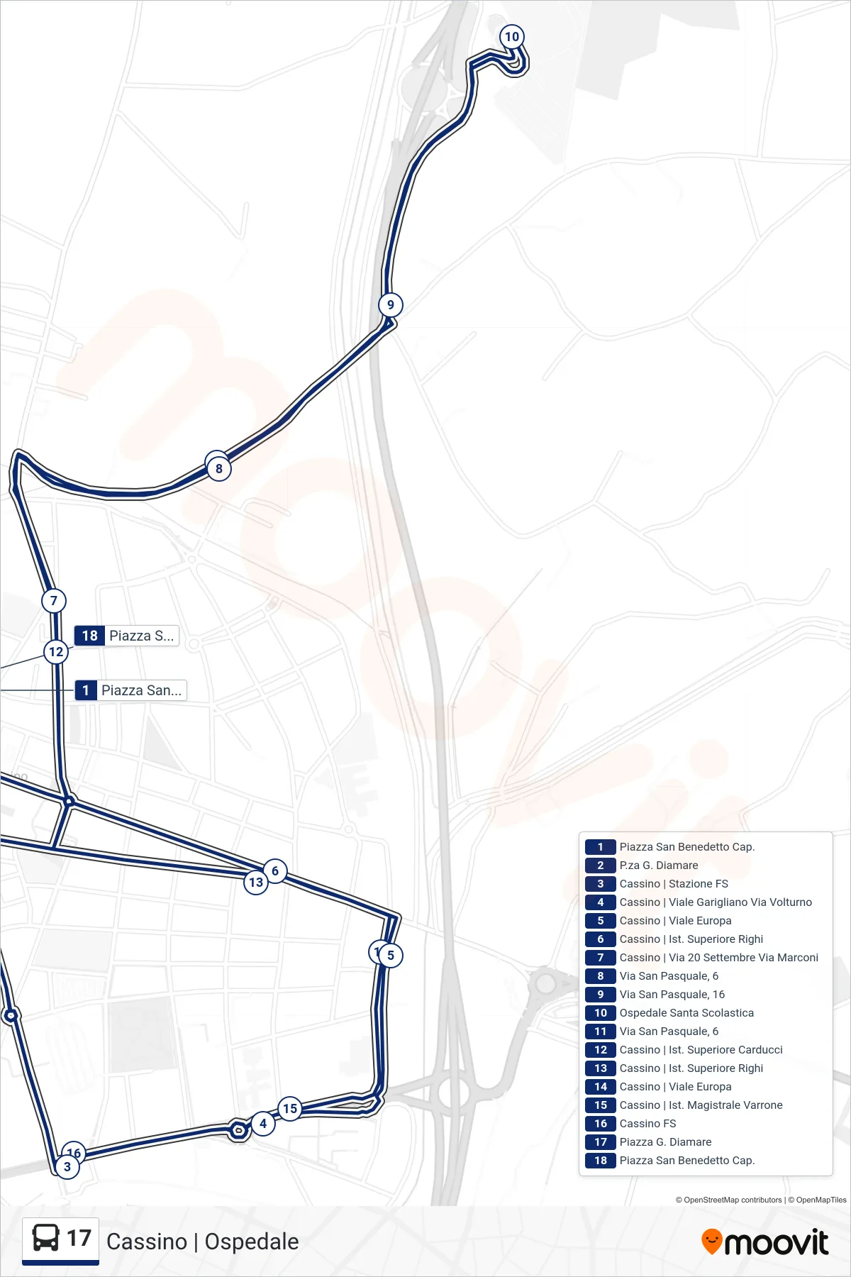 Linea 17 bus (P.za S. Benedetto <-> Ospedale) - Percorsi e fermate sulla mappa