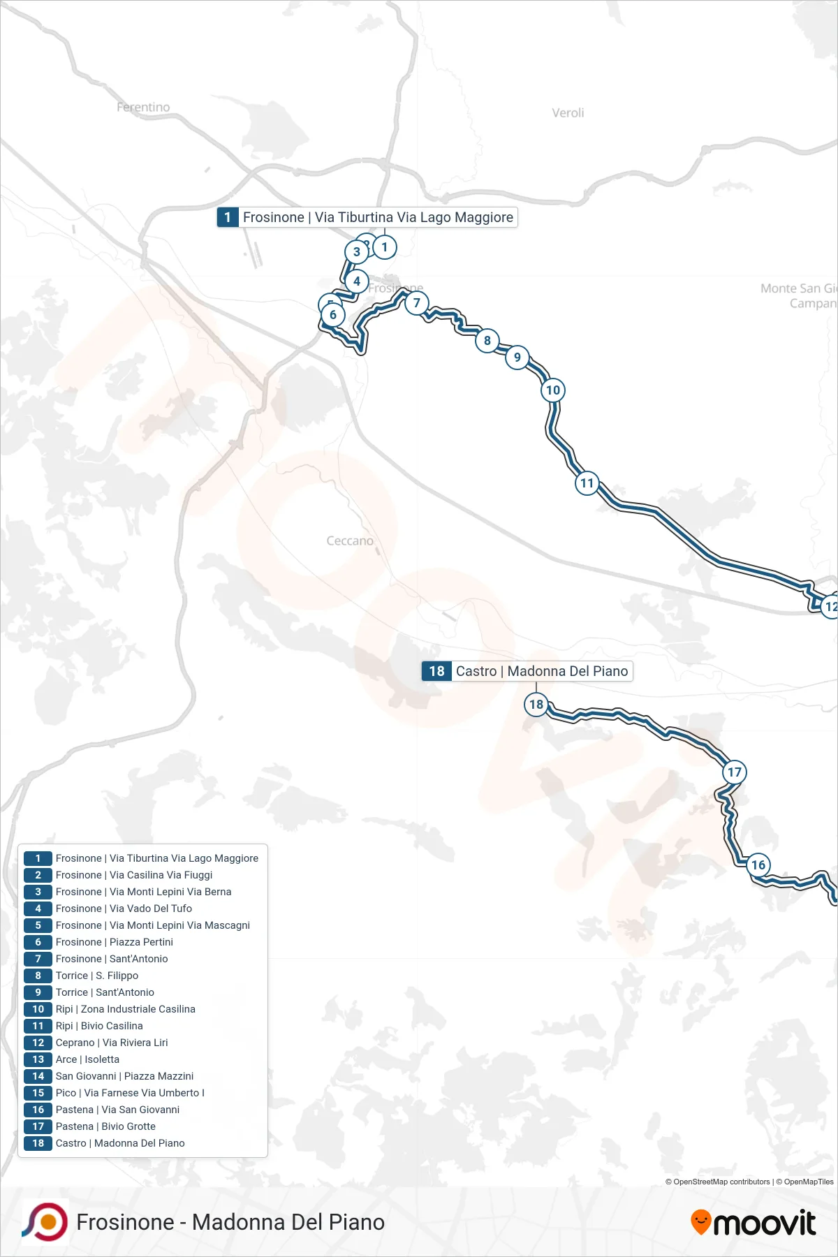 Linea COTRAL bus (Frosinone | Via Tiburtina Via Lago Maggiore→Castro | Madonna Del Piano) - Percorsi e fermate sulla mappa