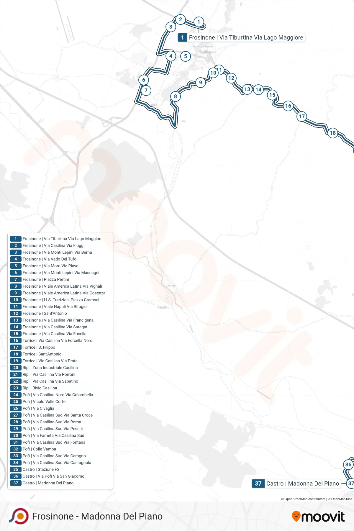 Linea COTRAL bus (Frosinone | Via Tiburtina Via Lago Maggiore→Castro | Madonna Del Piano) - Percorsi e fermate sulla mappa