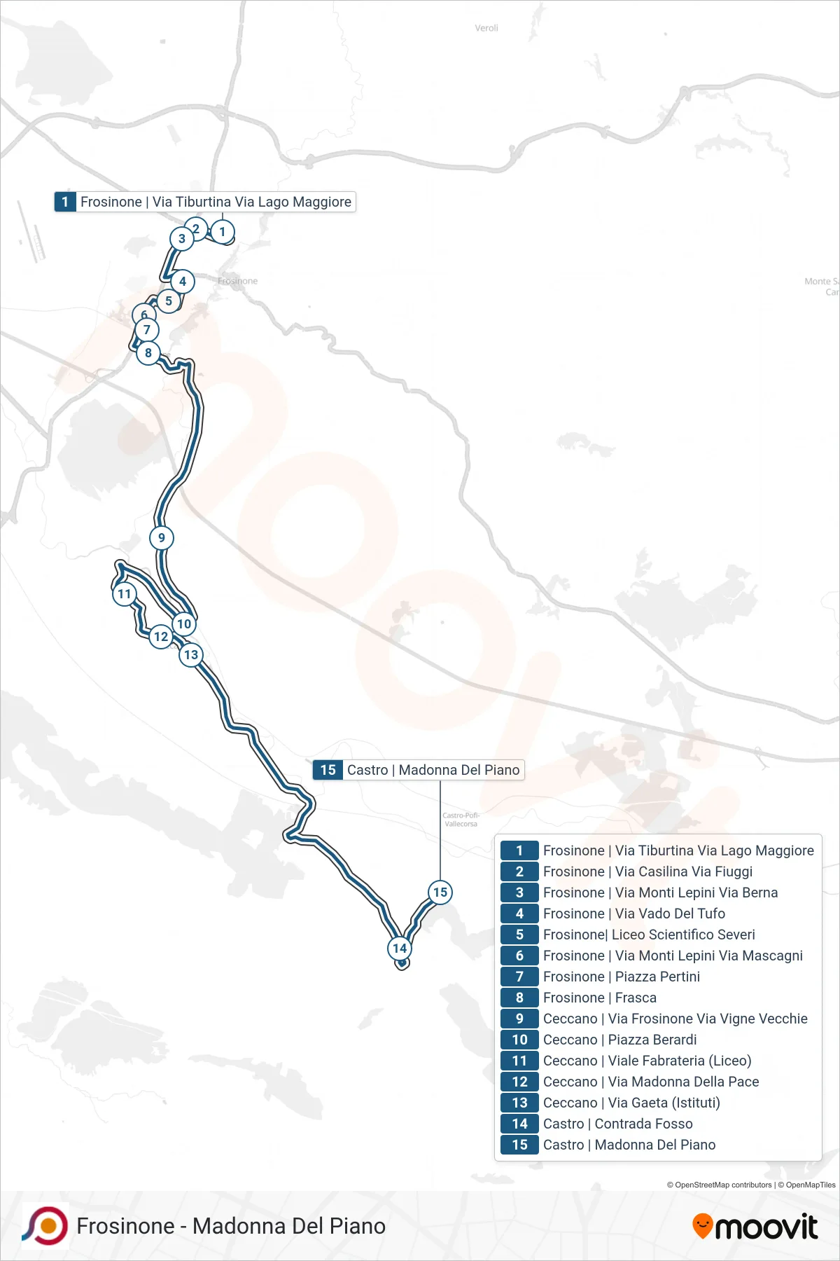 Linea COTRAL bus (Frosinone | Via Tiburtina Via Lago Maggiore→Castro | Madonna Del Piano) - Percorsi e fermate sulla mappa
