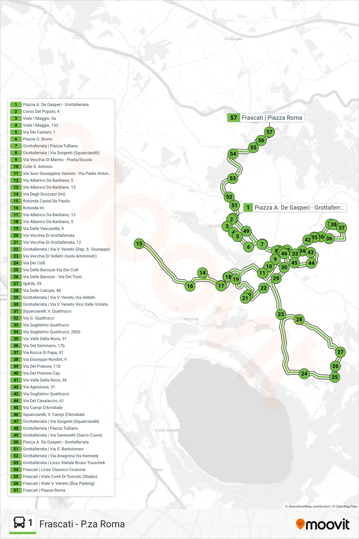 1 bus Line (Frascati - Piazza Roma) route and stops on a map