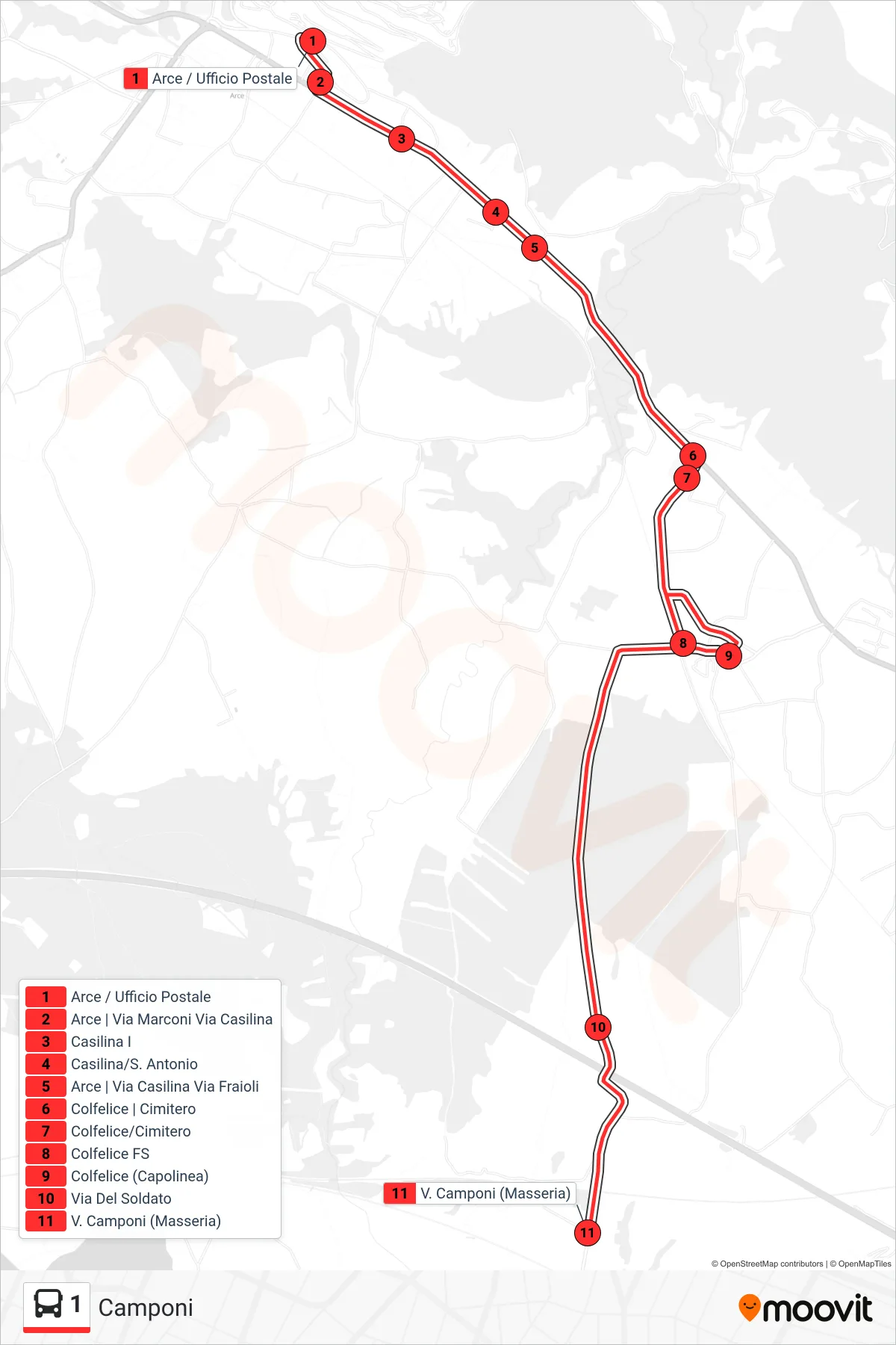 Linea 1 bus (Camponi) - Percorsi e fermate sulla mappa