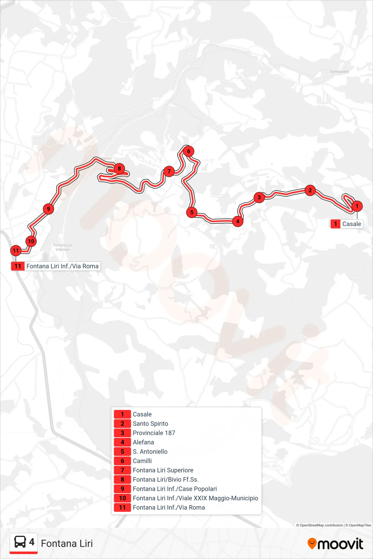 Linea 4 bus (Fontana Liri) - Percorsi e fermate sulla mappa