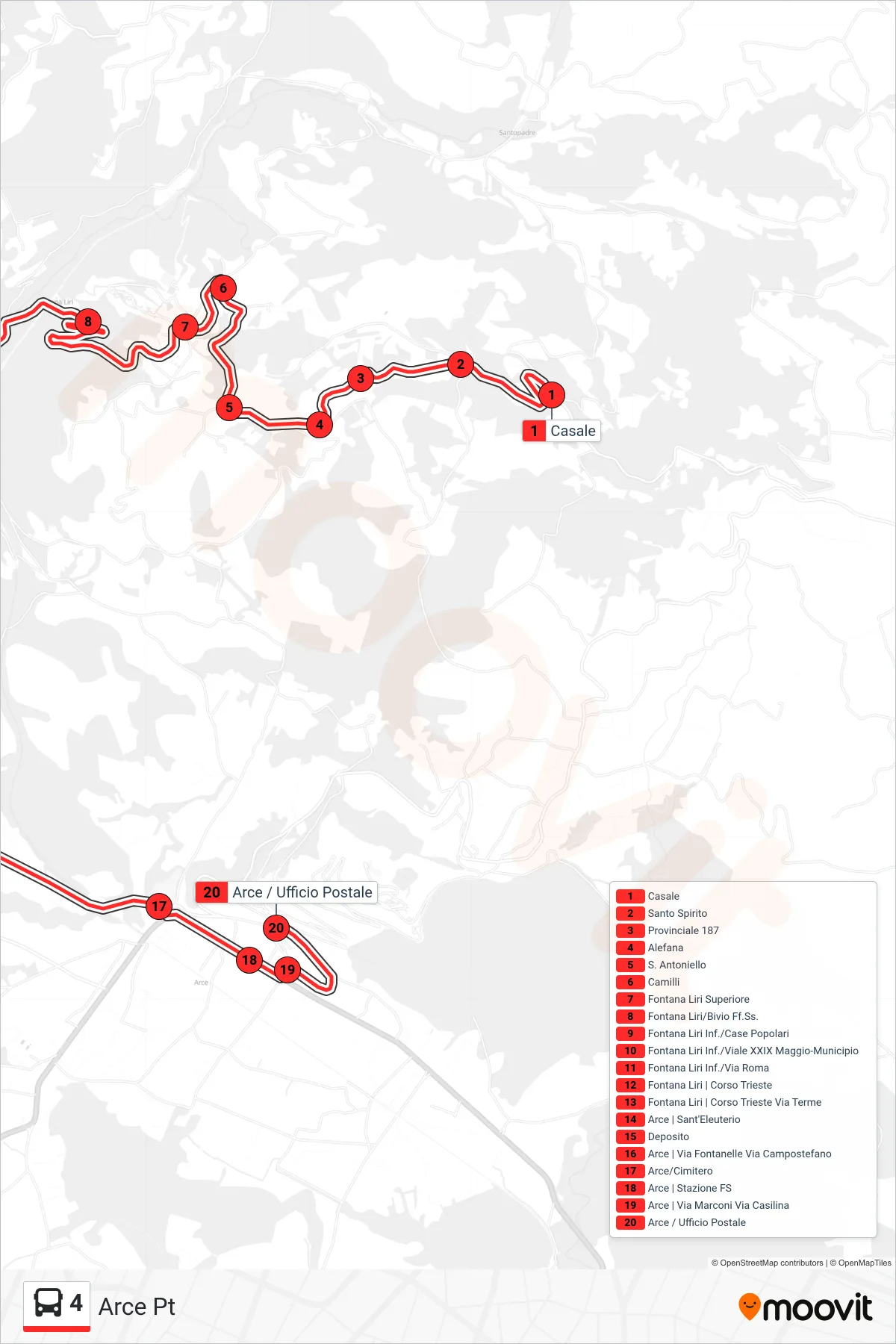 4 bus Line (Arce Station) route and stops on a map